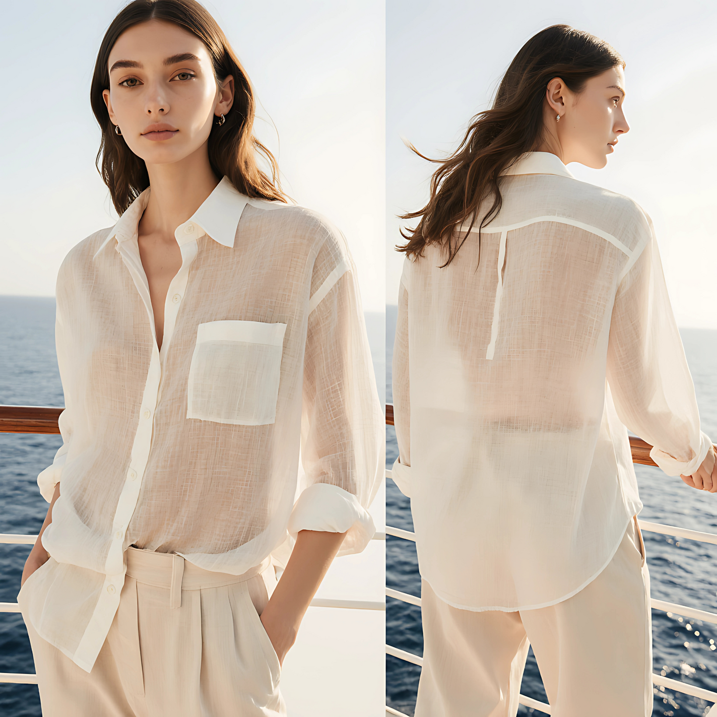 Model wearing Aire Button-Down Shirt, lightweight gauze fabric, long sleeves, chest pocket, perfect for resort or casual wear by the sea.