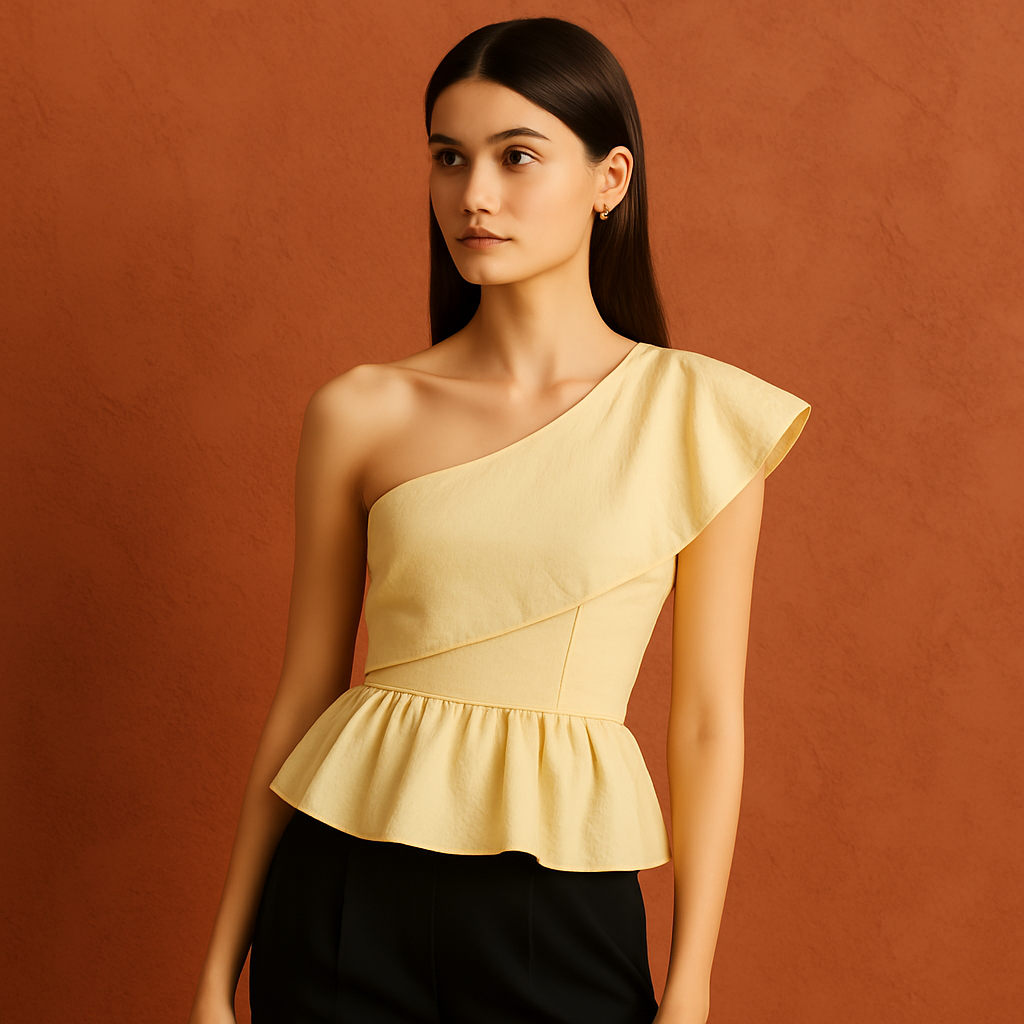 Model wearing an asymmetric ruffle top with a contoured bodice and peplum hem, perfect for eventwear and contemporary resort edits.