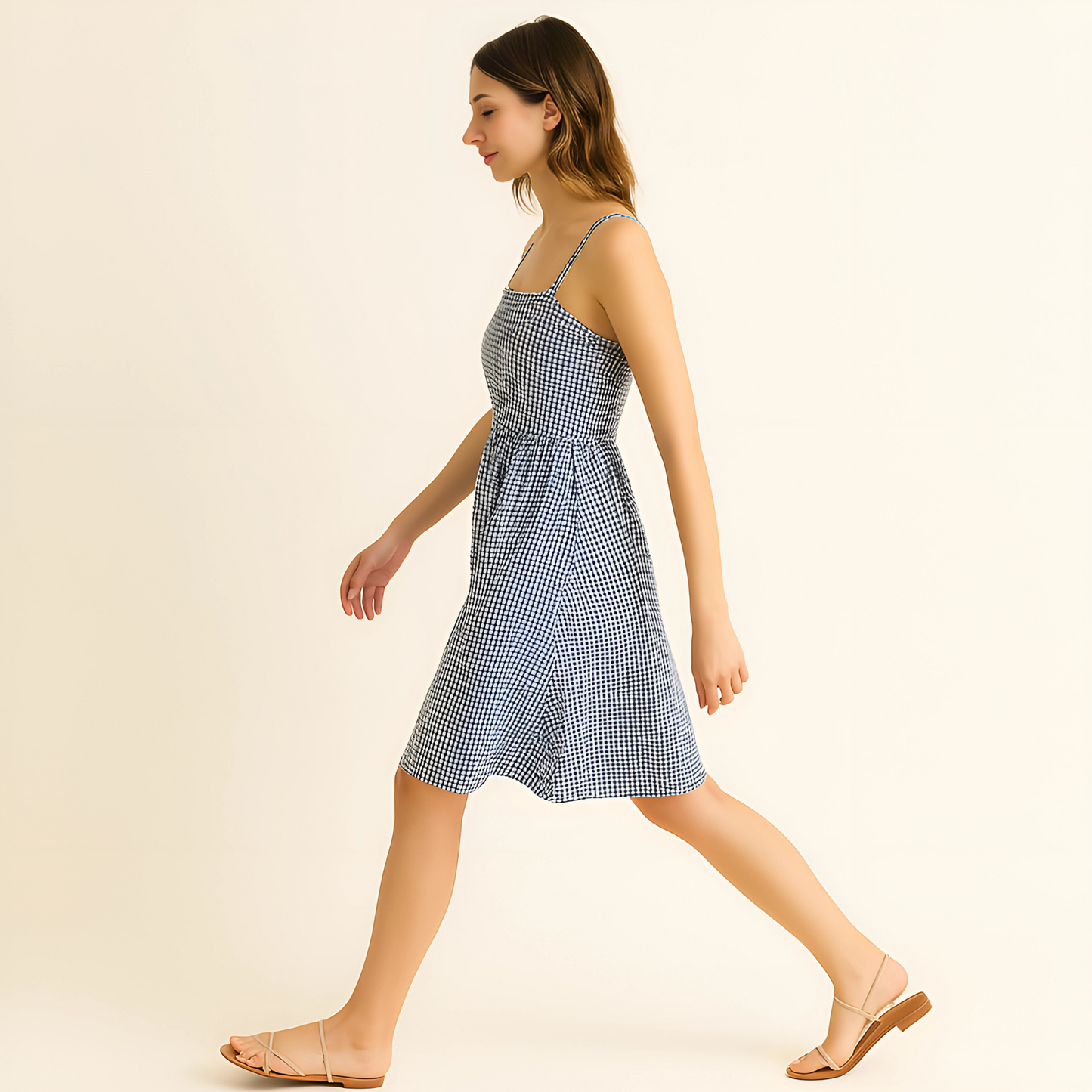 Woman wearing Ava Gingham Sundress with square neckline, perfect for summer, lightweight 70% cotton, 30% polyester blend.