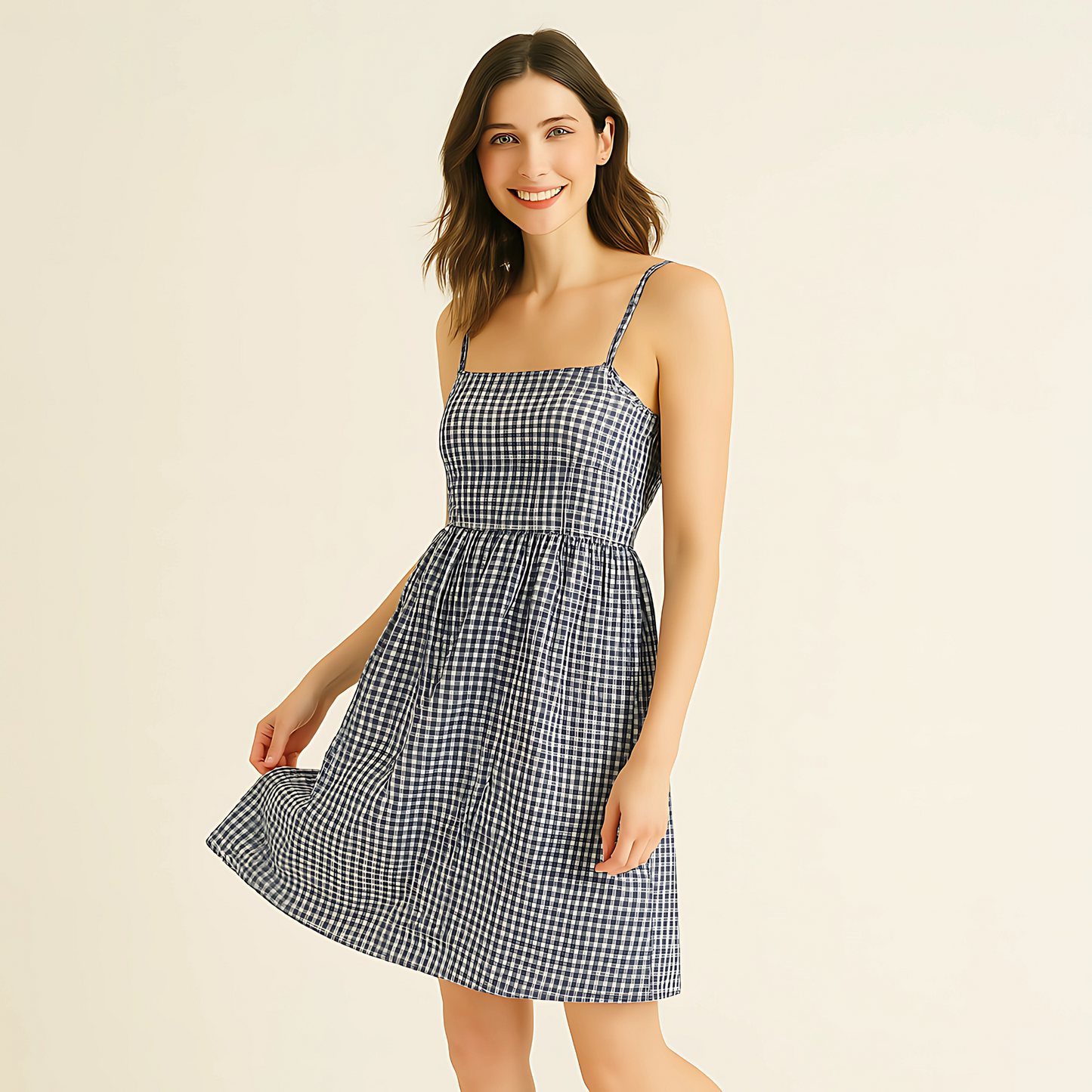 Woman wearing Ava Gingham Sundress with a square neckline and flared skirt, perfect for summer events.