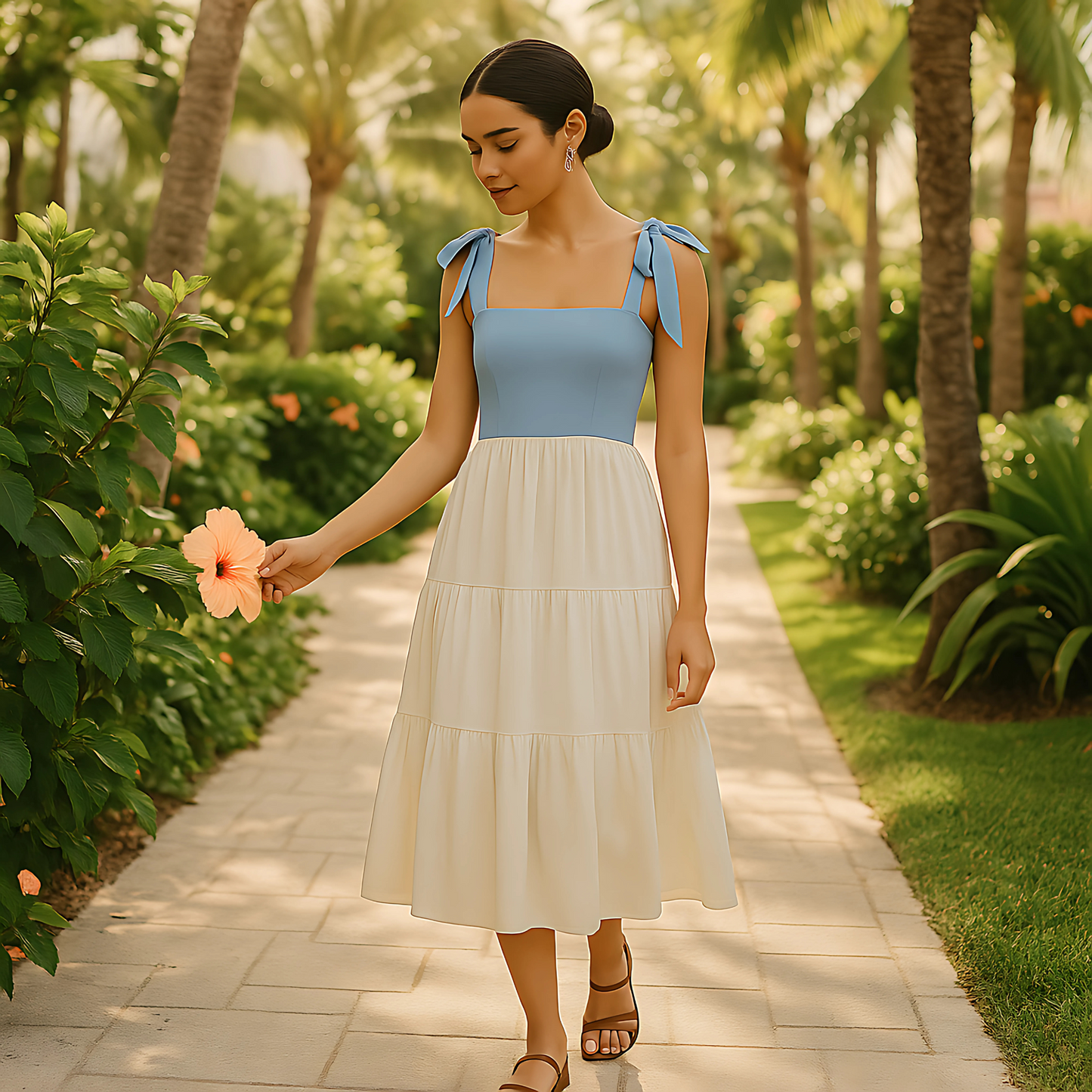 Woman wearing the Clio Tiered Midi Dress with a square neckline and bow-tied straps, in a garden setting.