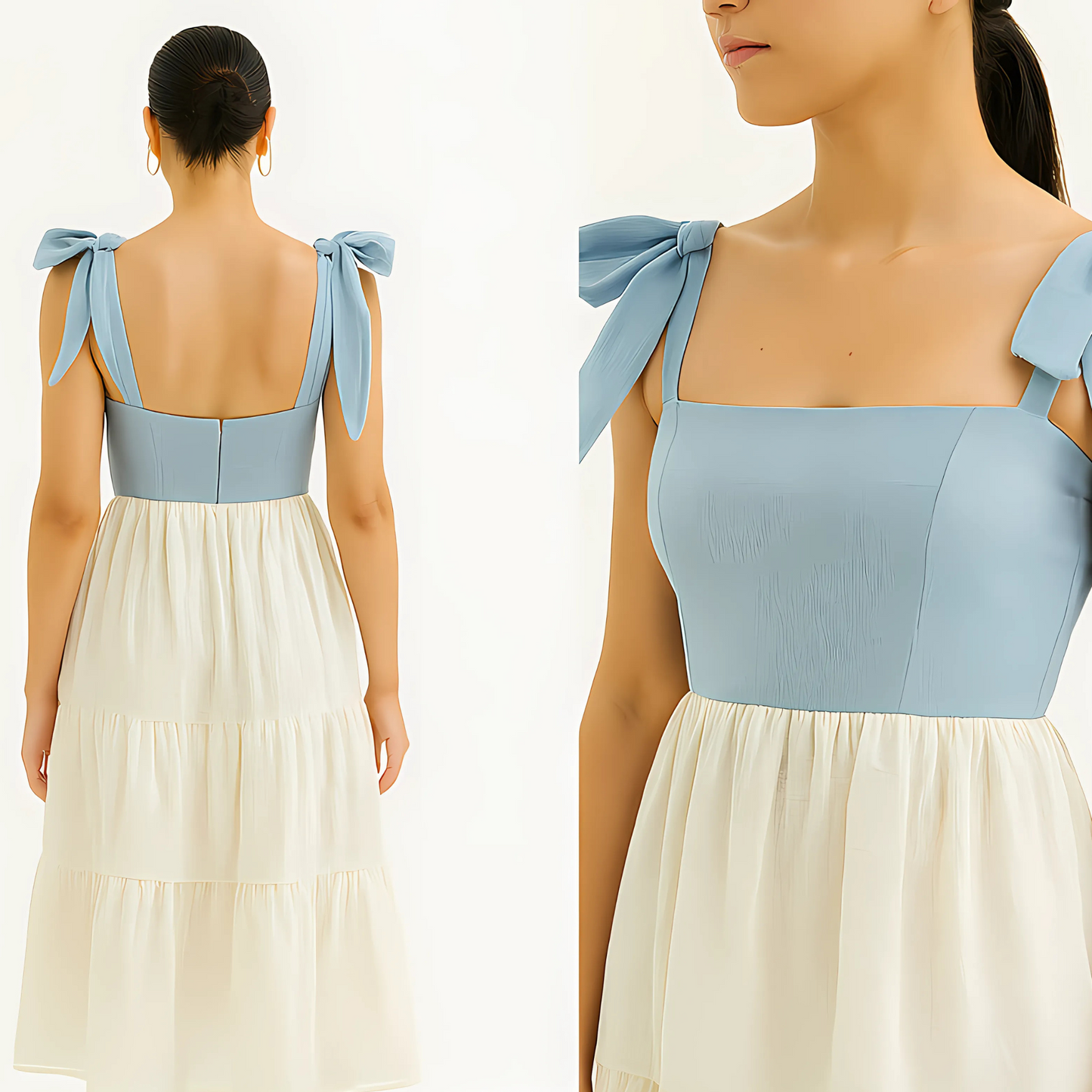 Woman in Clio Tiered Midi Dress with bow-tied straps in two-tone white and blue, featuring a square neckline and tiered skirt.
