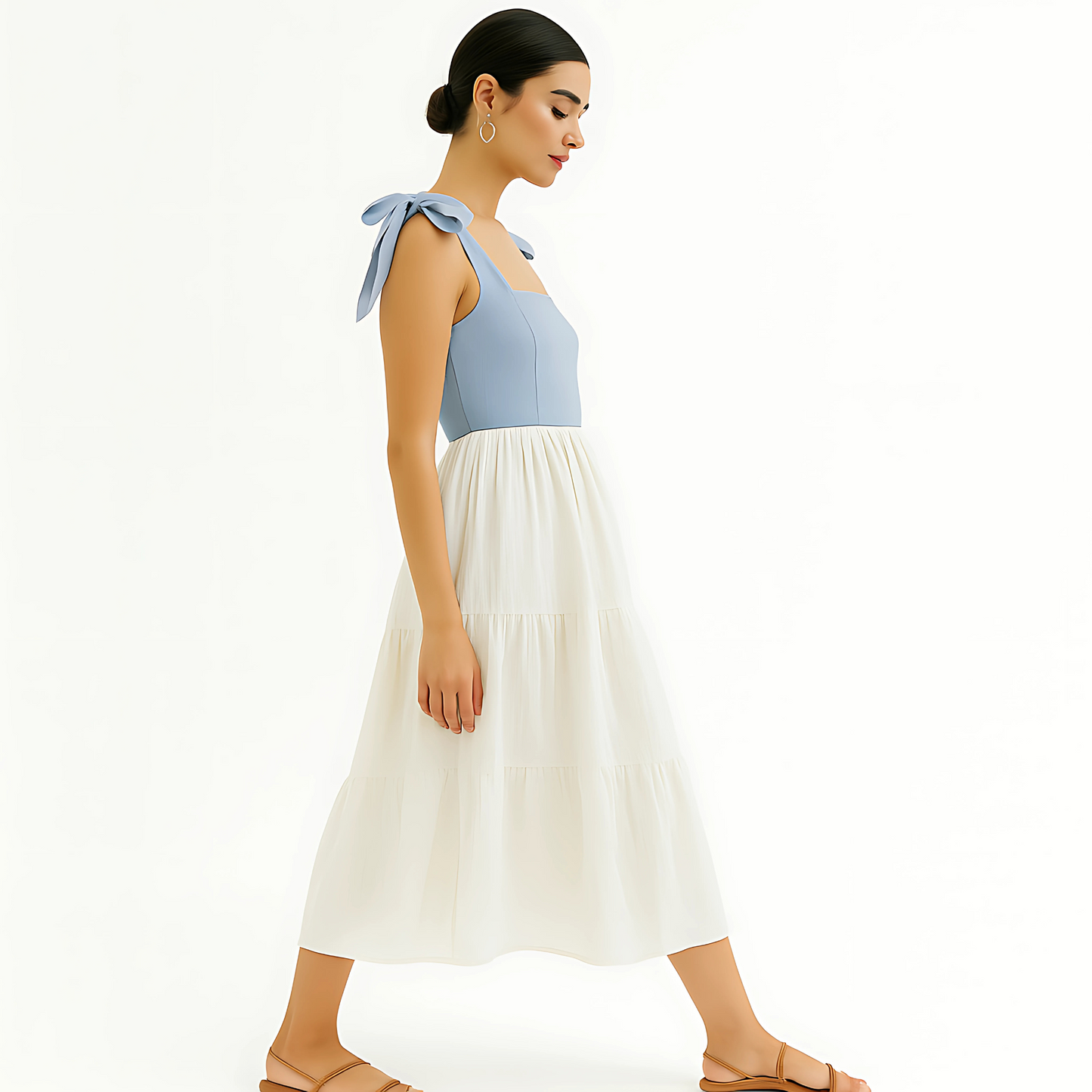 Clio Tiered Midi Dress with square neckline and bow-tied straps, in powder blue and white, perfect for resortwear and bridal parties.