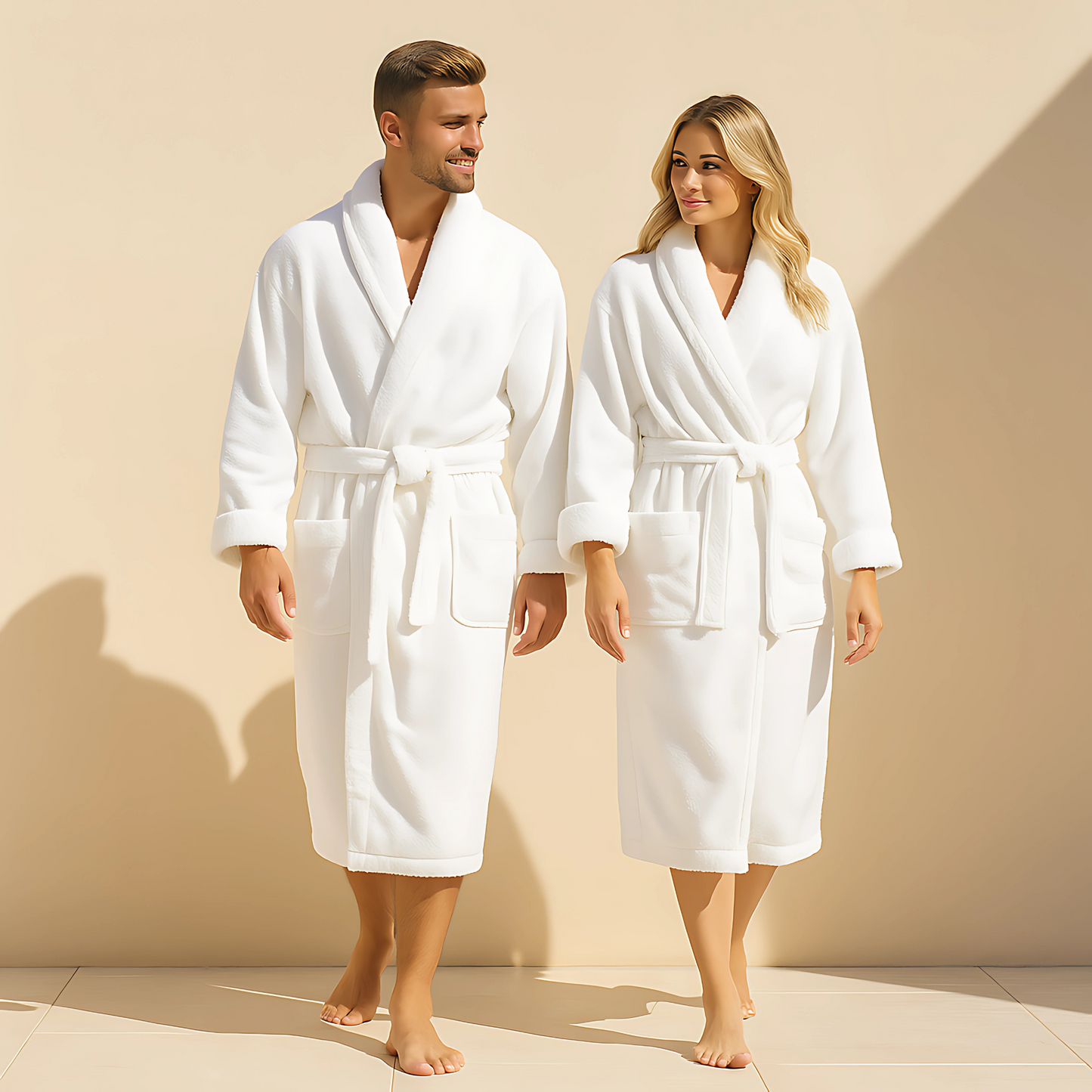 Two people in white Coastal Cloud Robes standing outdoors, showcasing luxury bathwear fashion.