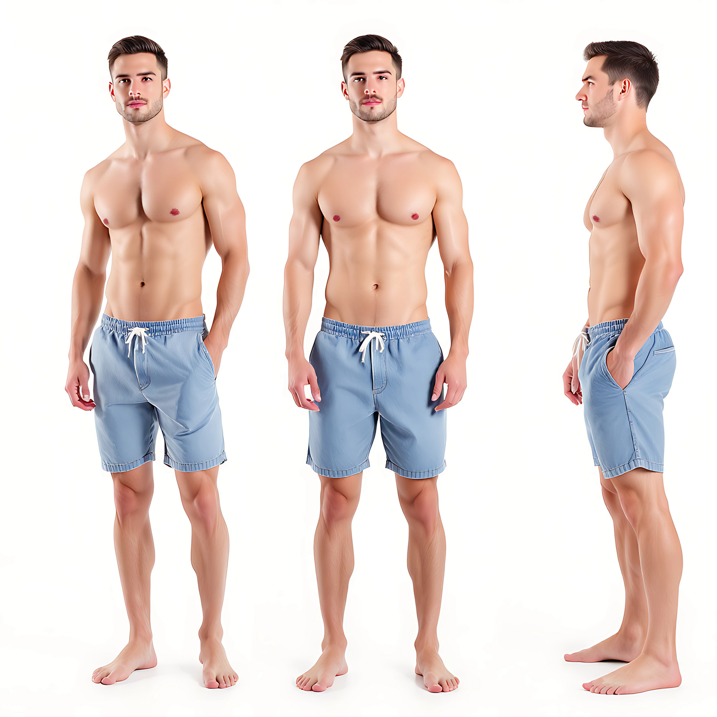 Three angles of men's swim shorts modeled by a male, showcasing front, side, and back views to highlight design and fit.