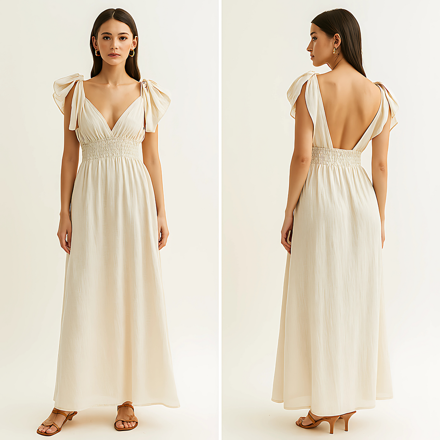 Delphine Ruffle Strap Maxi Dress in ivory with ruffle tie straps, smocked waistband, plunging neckline, and open back view.