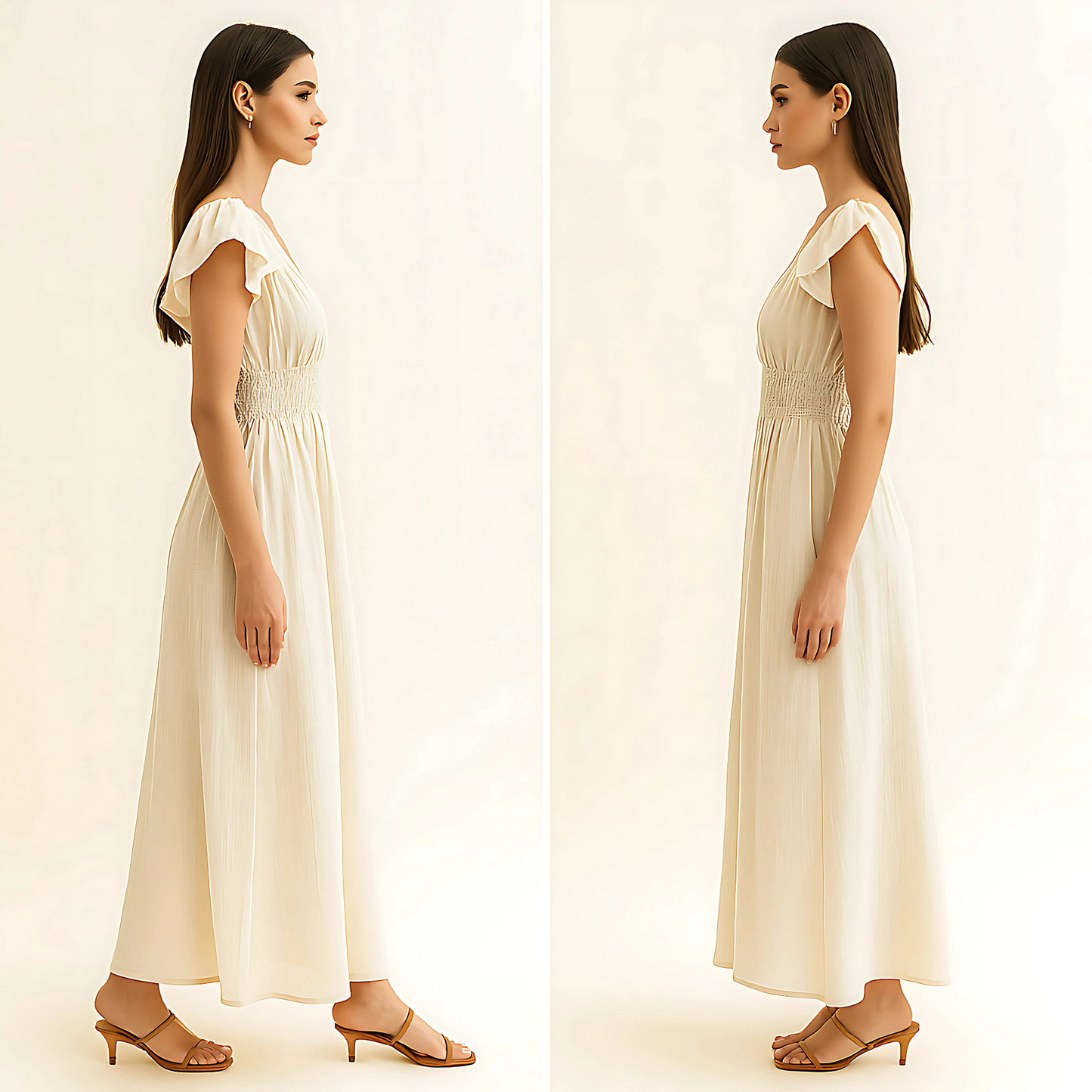 Side view of woman wearing Delphine Ruffle Strap Maxi Dress in ivory, showcasing ruffle straps and smocked waistband.