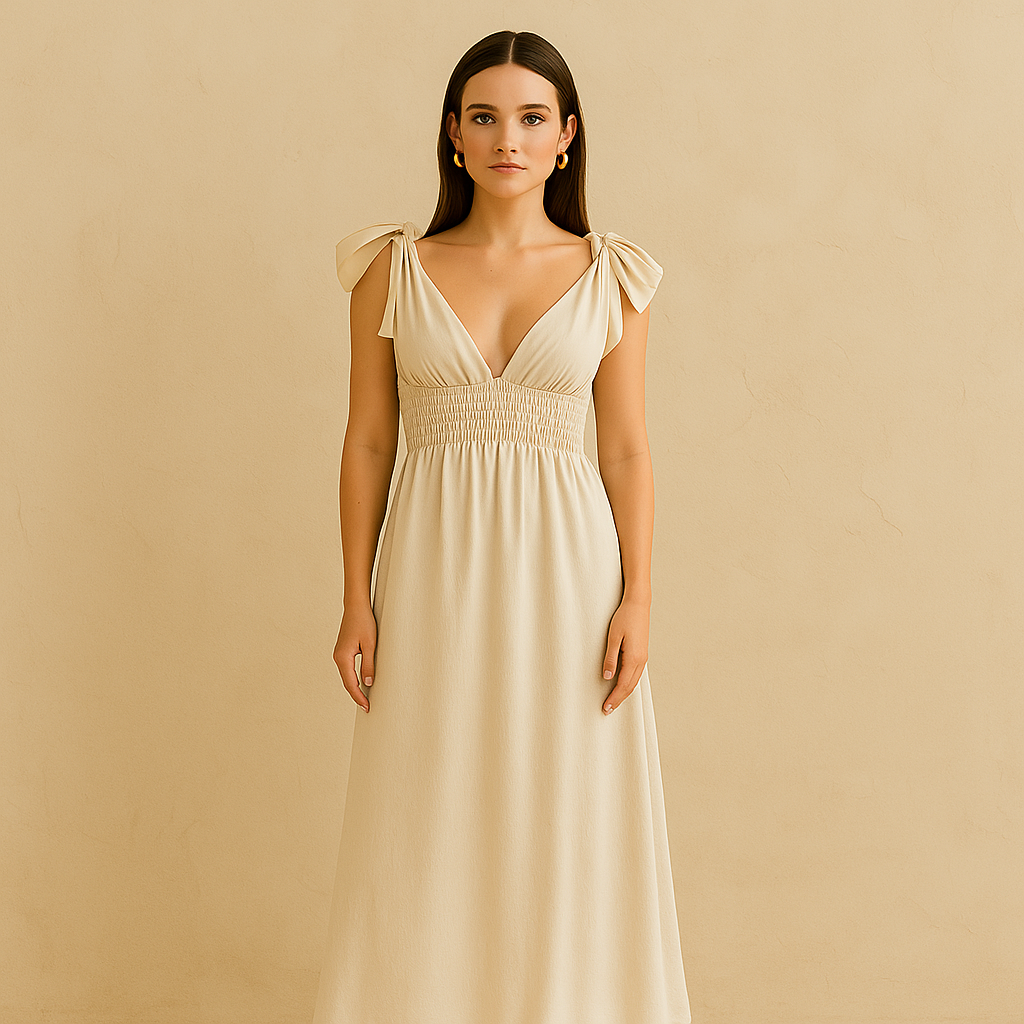Ivory Delphine ruffle strap maxi dress with plunging neckline and smocked waistband, perfect for beach events and bridal settings.