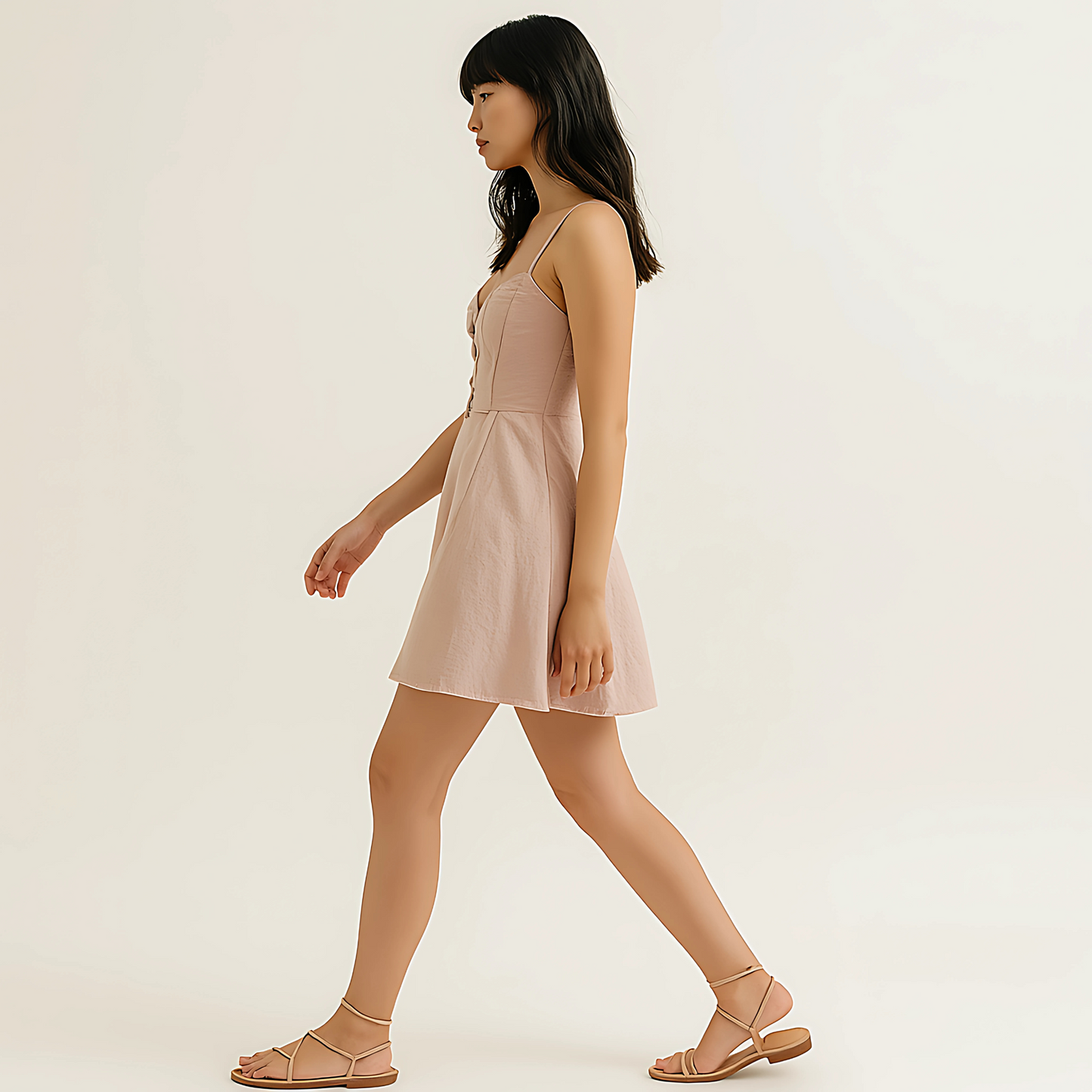 Woman wearing Ines Linen Corset Dress in blush pink, featuring a sweetheart neckline and flared skirt, ideal for resort and daywear.