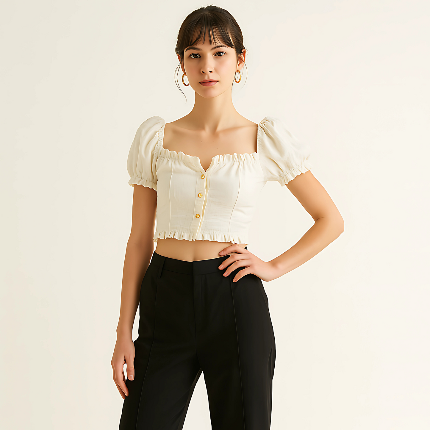 Woman wearing a linen button crop top with puff sleeves and ruffle trim, styled for elevated resortwear in natural shade.