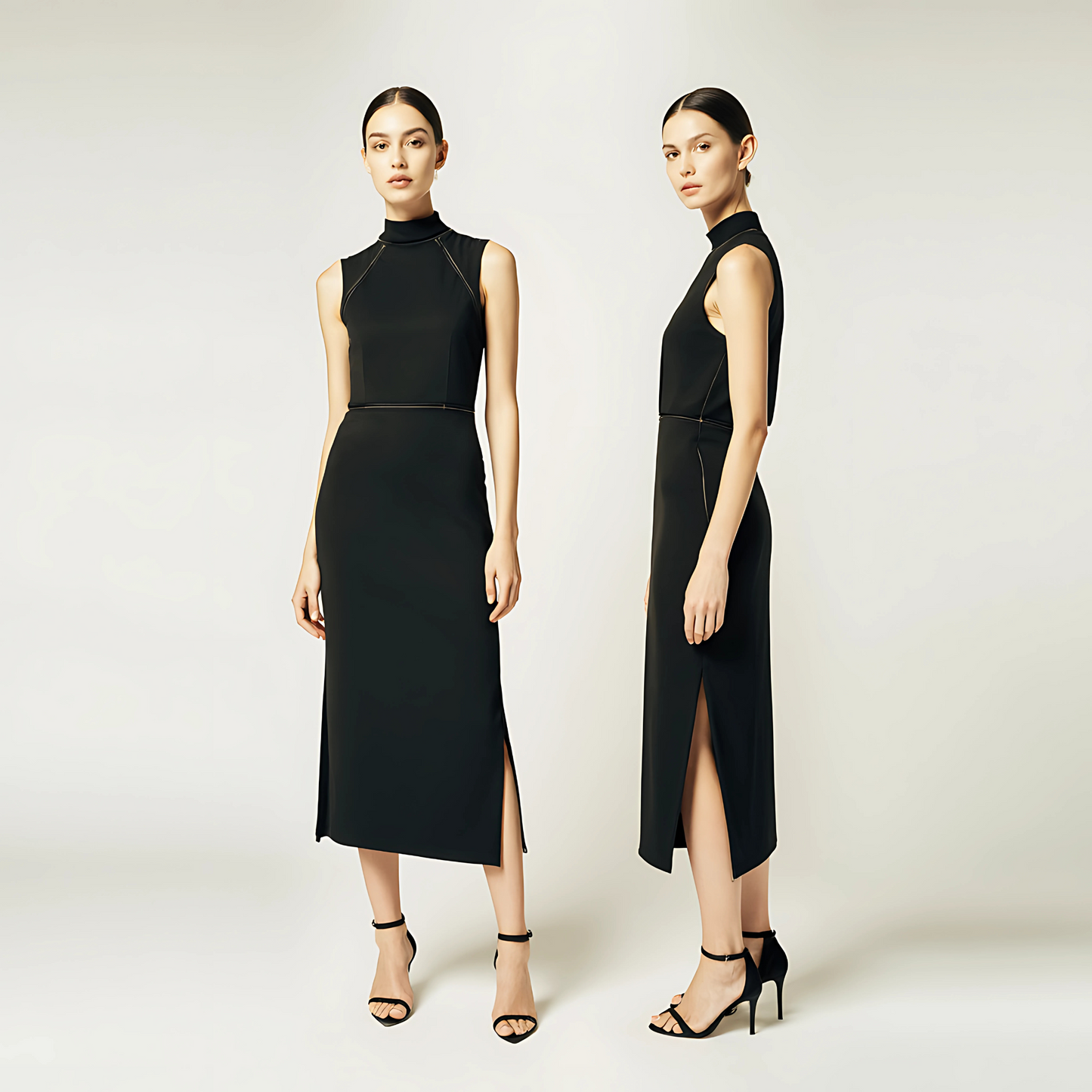Noir Turtleneck Dress featuring sleeveless design, high neckline, and side slit for elegant day-to-evening style.