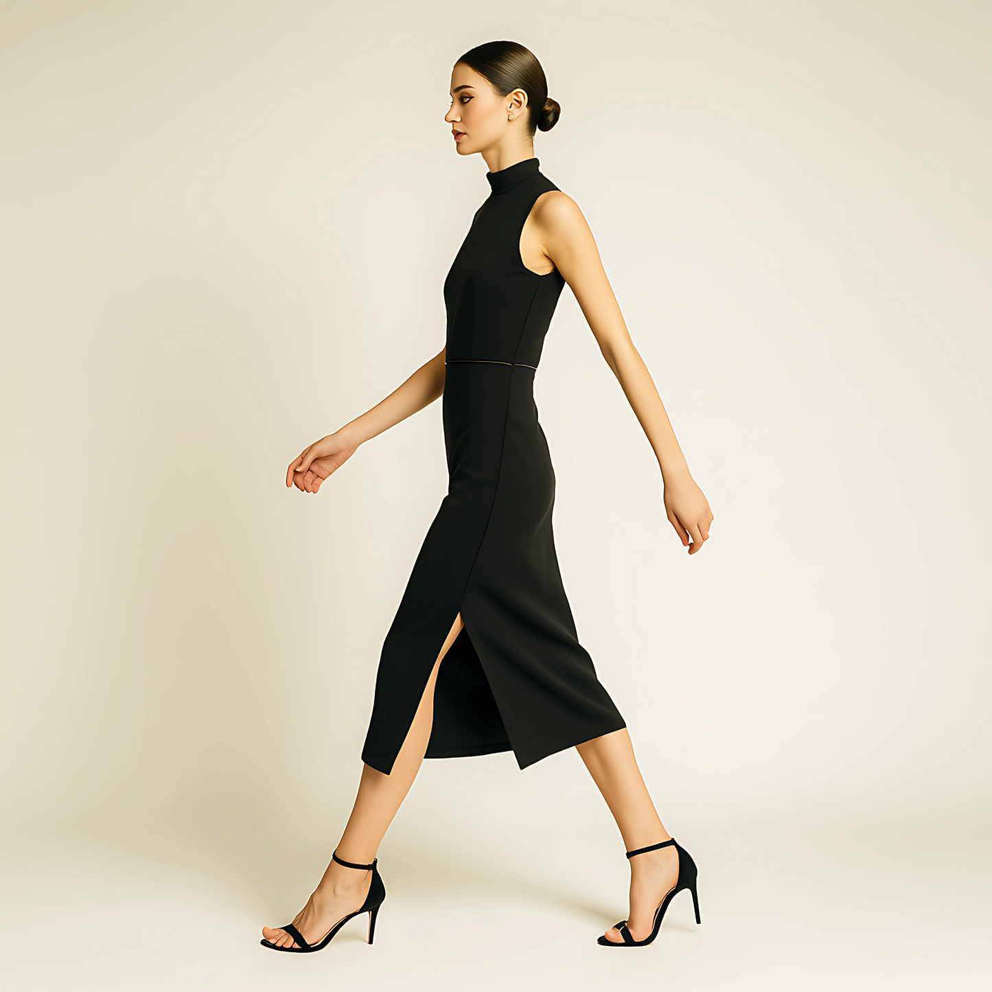 Sleek sleeveless noir turtleneck midi dress with side slit, ideal for minimalist fashion, day-to-evening transition.