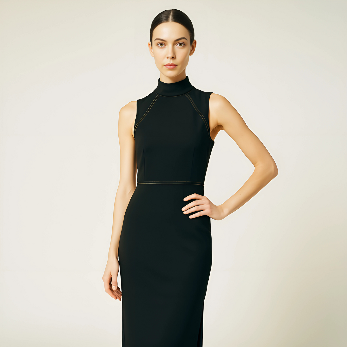 Elegant noir turtleneck midi dress with sleeveless design and side slit, perfect for minimalist fashion. Ideal for day to evening wear.