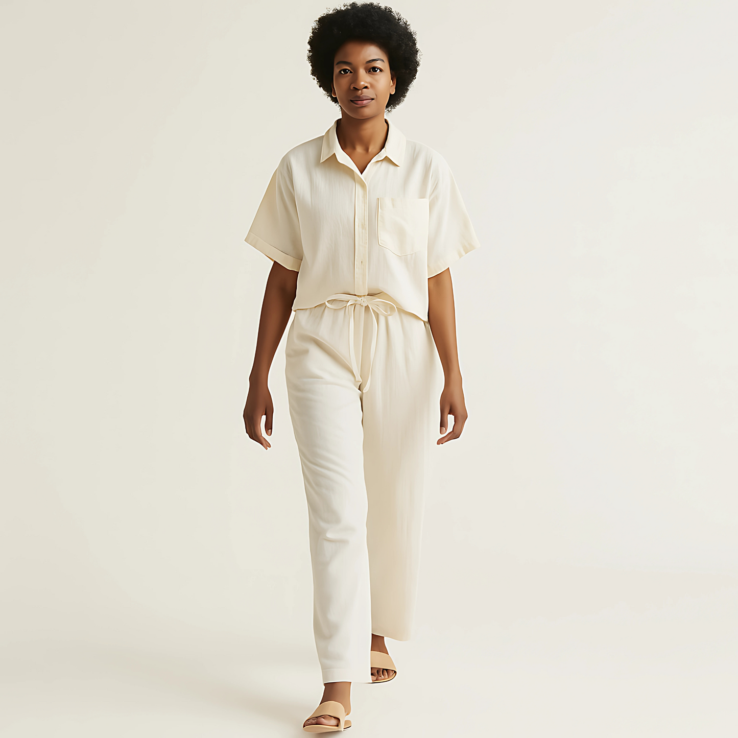 Model wearing an oversized natural camp shirt, unisex with short sleeves, perfect for relaxed casual wear or contemporary work attire.