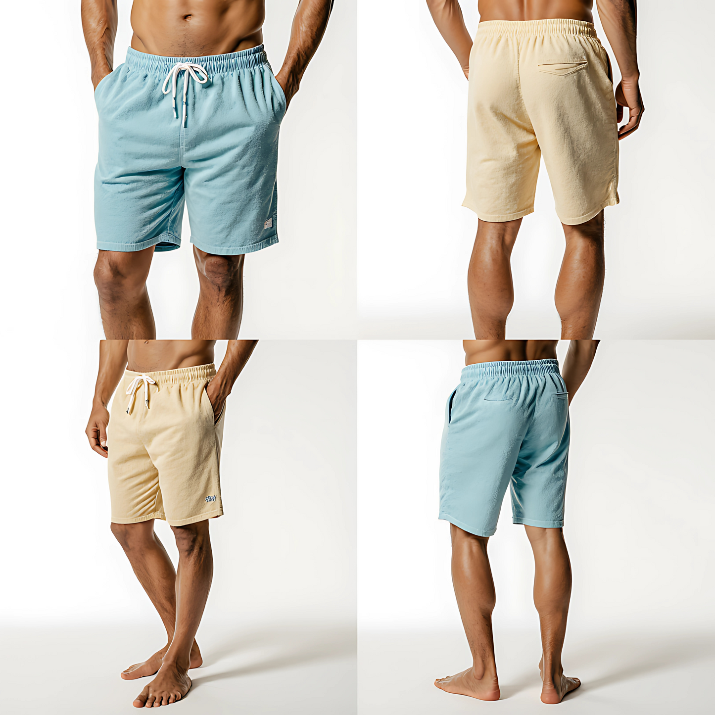 Men's Resort Terry Swim Shorts in blue and yellow, showcasing front and back views, perfect for casual beachwear style