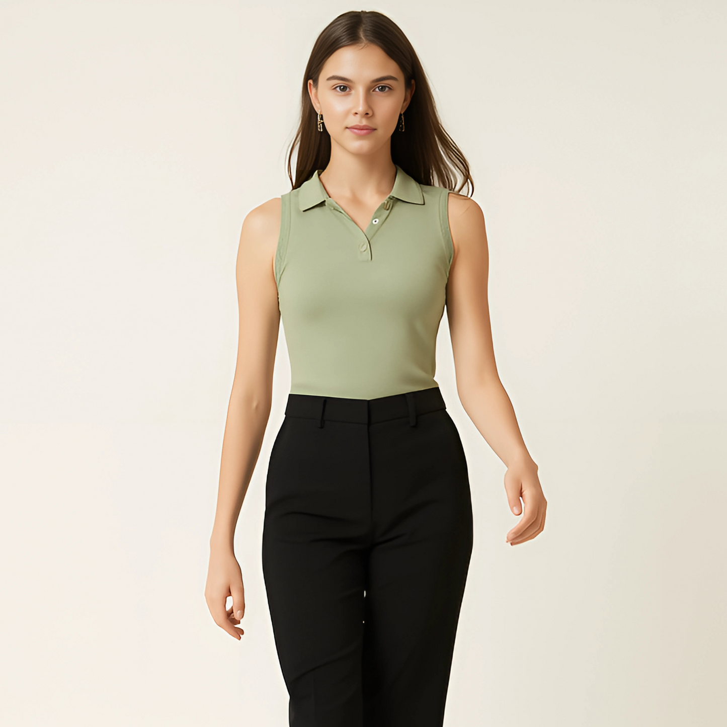 Woman wearing sage green ribbed polo tank with soft collar and button placket, styled for resort or retail wear.