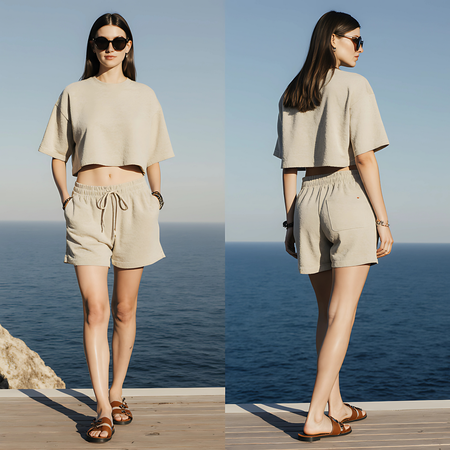 Woman wearing Sand Beige Terry Set with oversized tee and drawstring shorts by the sea, designed for beach and spa comfort.