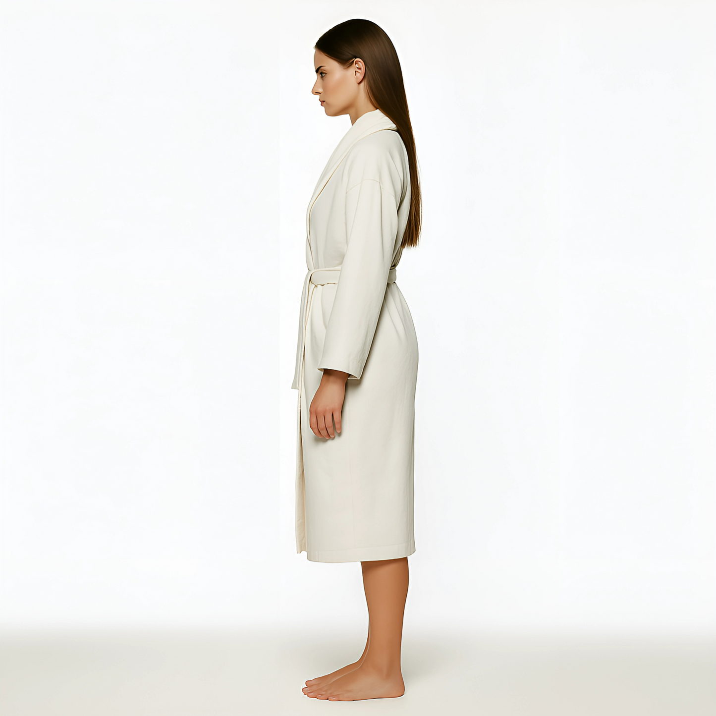 Woman wearing The Aedon Spa Robe in Ecru/Cream with shawl collar and belt, ideal for spa and resort use.