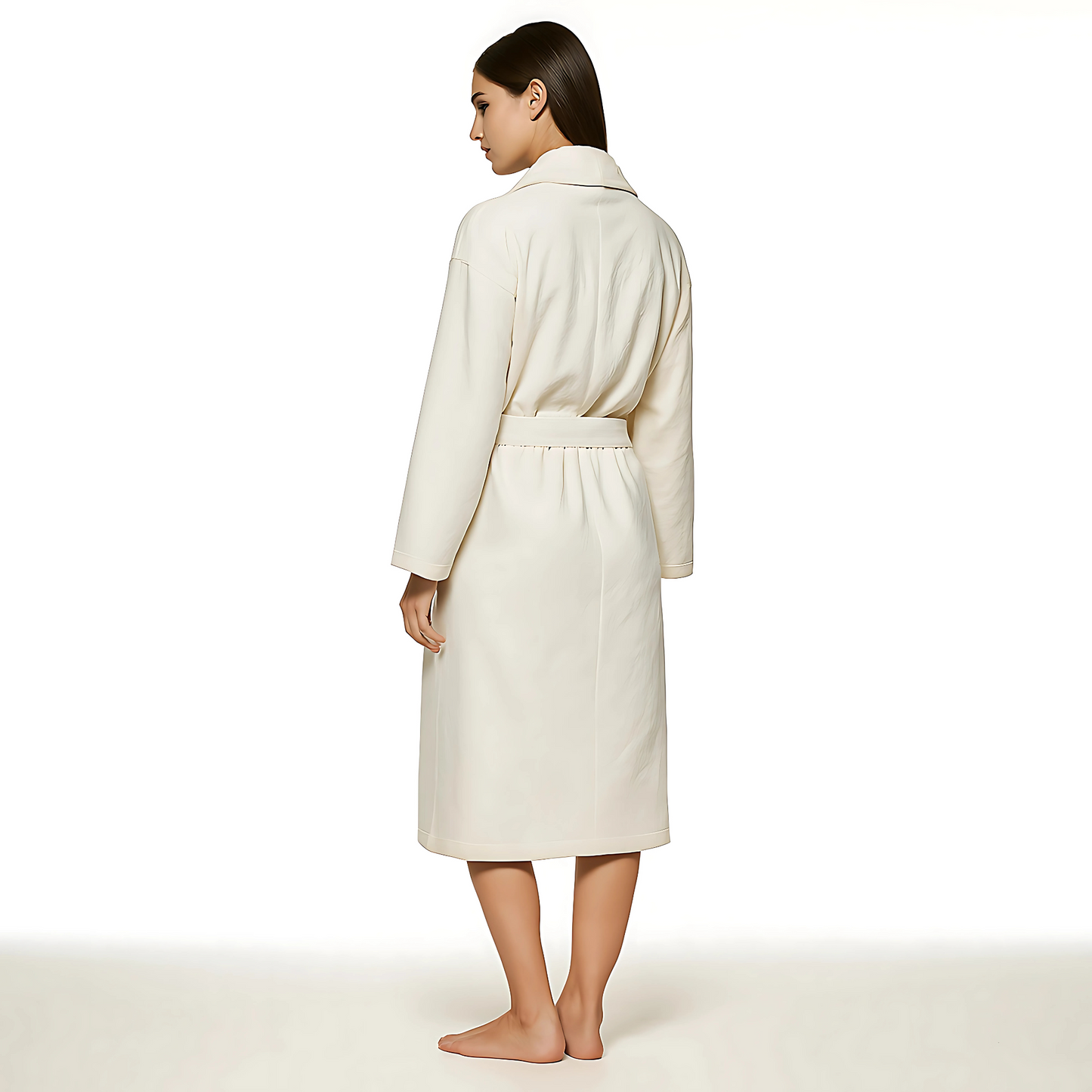 Ecru Aedon Spa Robe with shawl collar and belt, ideal for spa use, shown on model from the back.