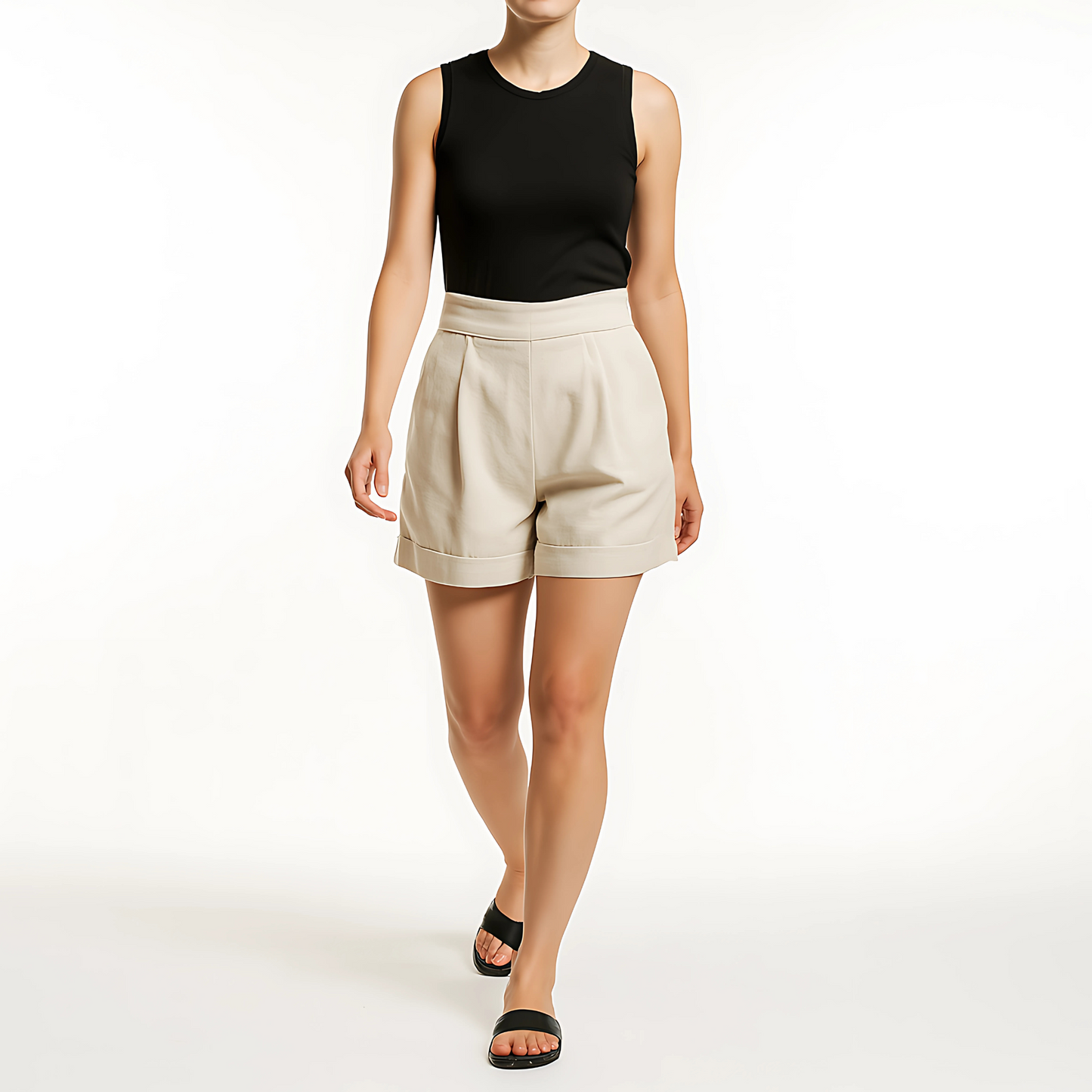 Woman wearing Amalfi Tailored Linen Shorts in natural color, styled with a black tank top and sandals, showcasing refined casualwear.