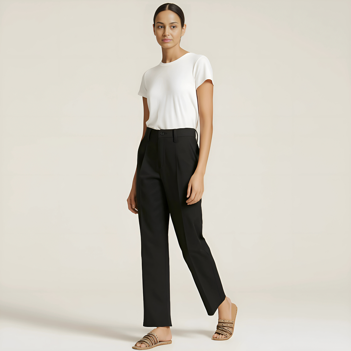 Model wearing The Amalfi Tailored Trouser in Jet Black, showcasing pleated, tapered fit with a minimal waistband, perfect for versatile styling.