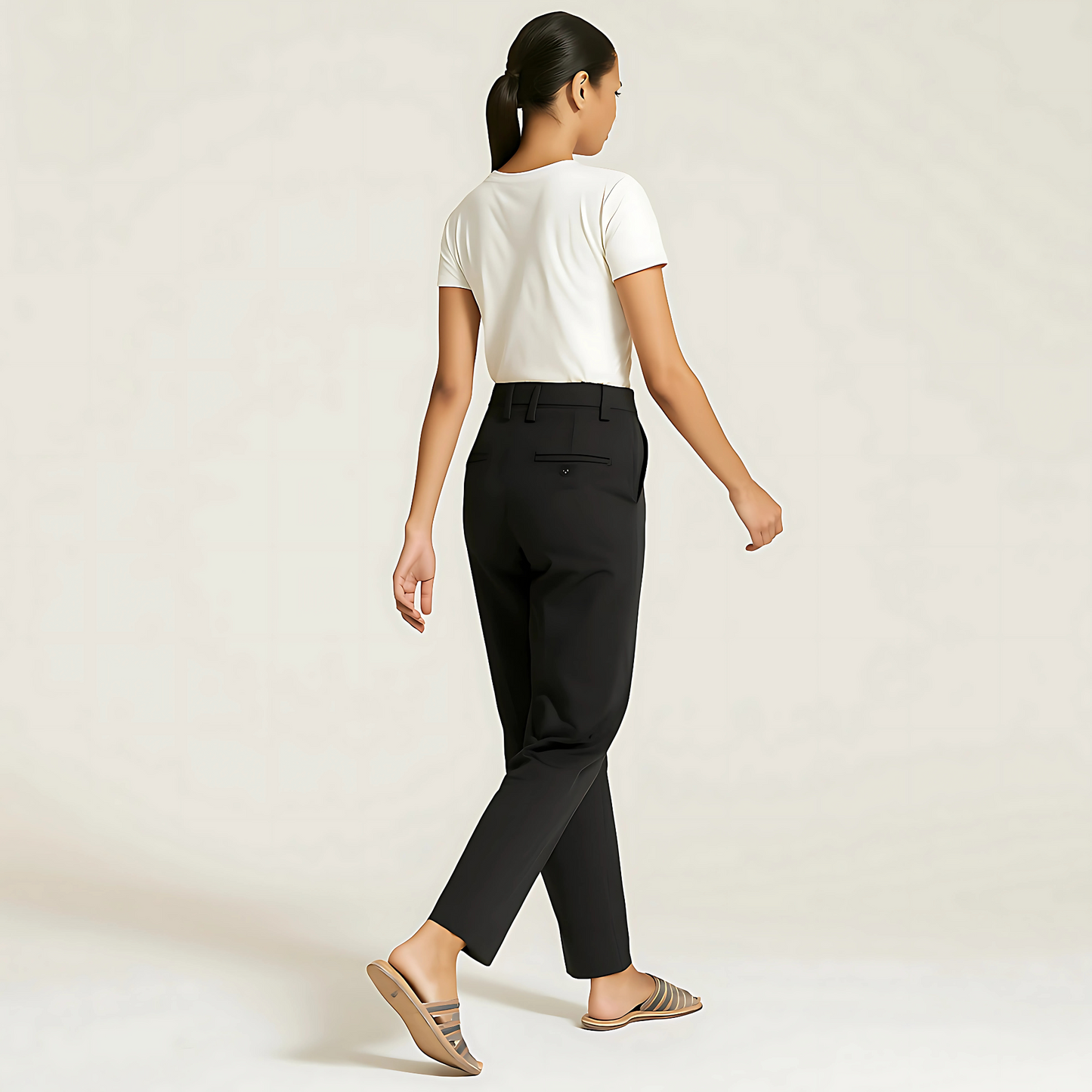 Model wearing The Amalfi Tailored Trouser in Jet Black, showcasing tailored design and versatility for uniforms and capsule wardrobes.