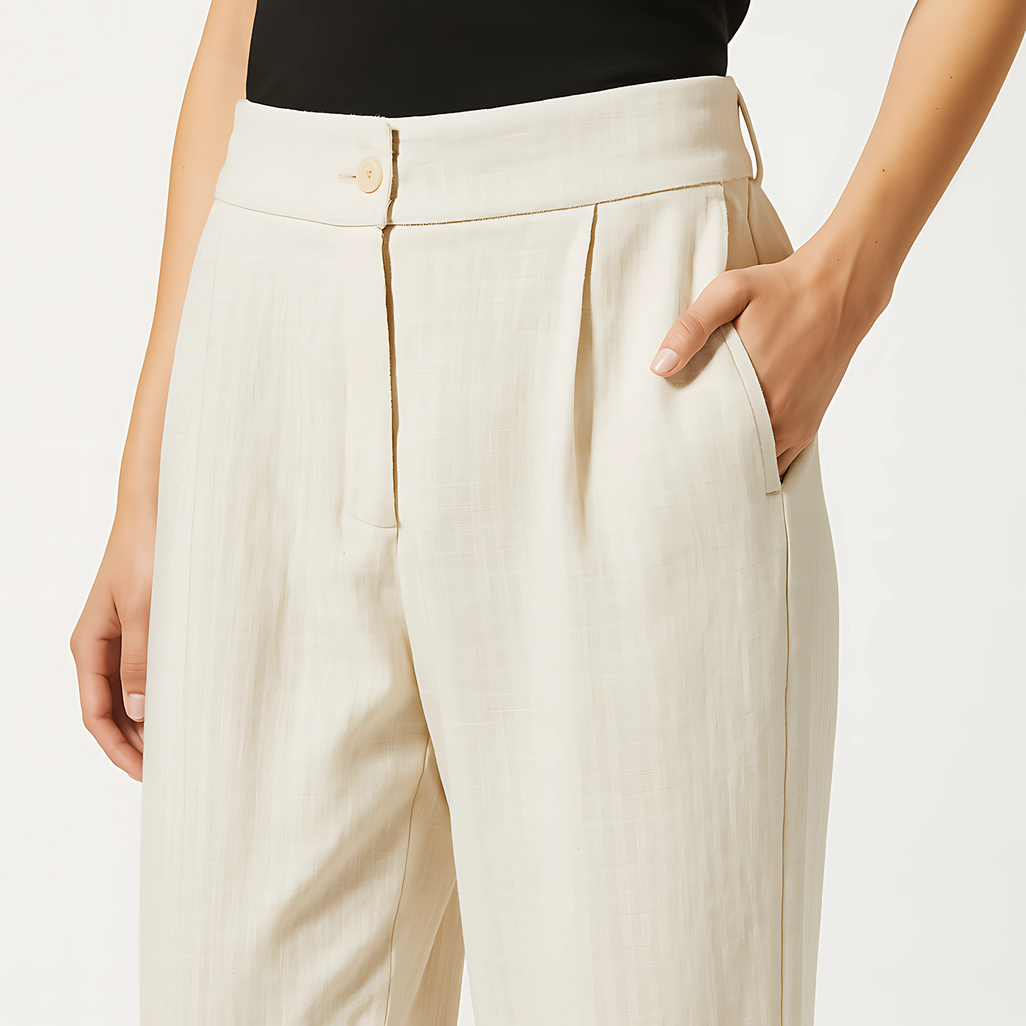 Ivory Cadence wide-leg trouser with clean waistband and side pockets, in elegant linen-viscose blend for resort or loungewear.