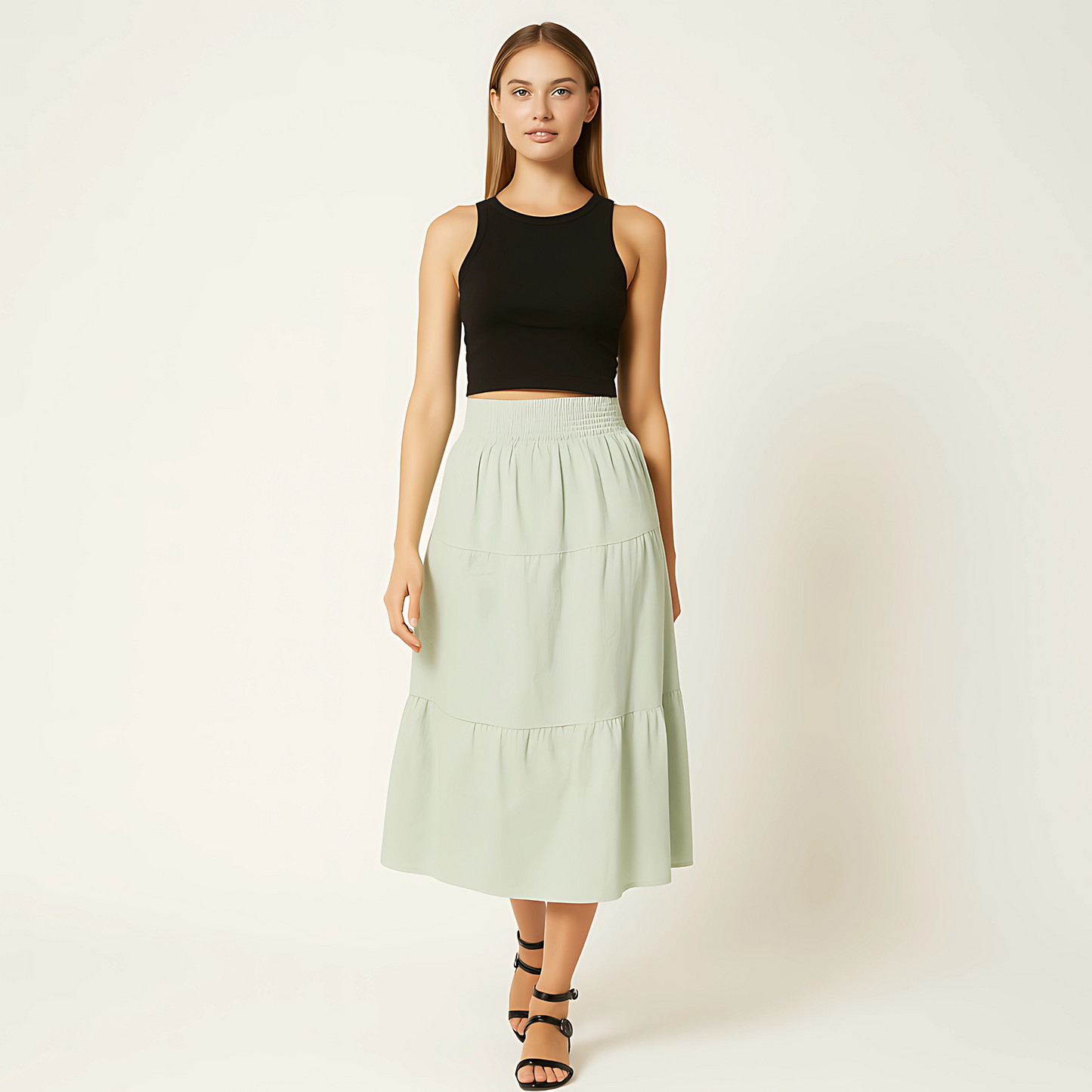Woman wearing the Luma Cotton Midi skirt in mint green with black top, featuring high-rise elastic waistband for spring/summer style.