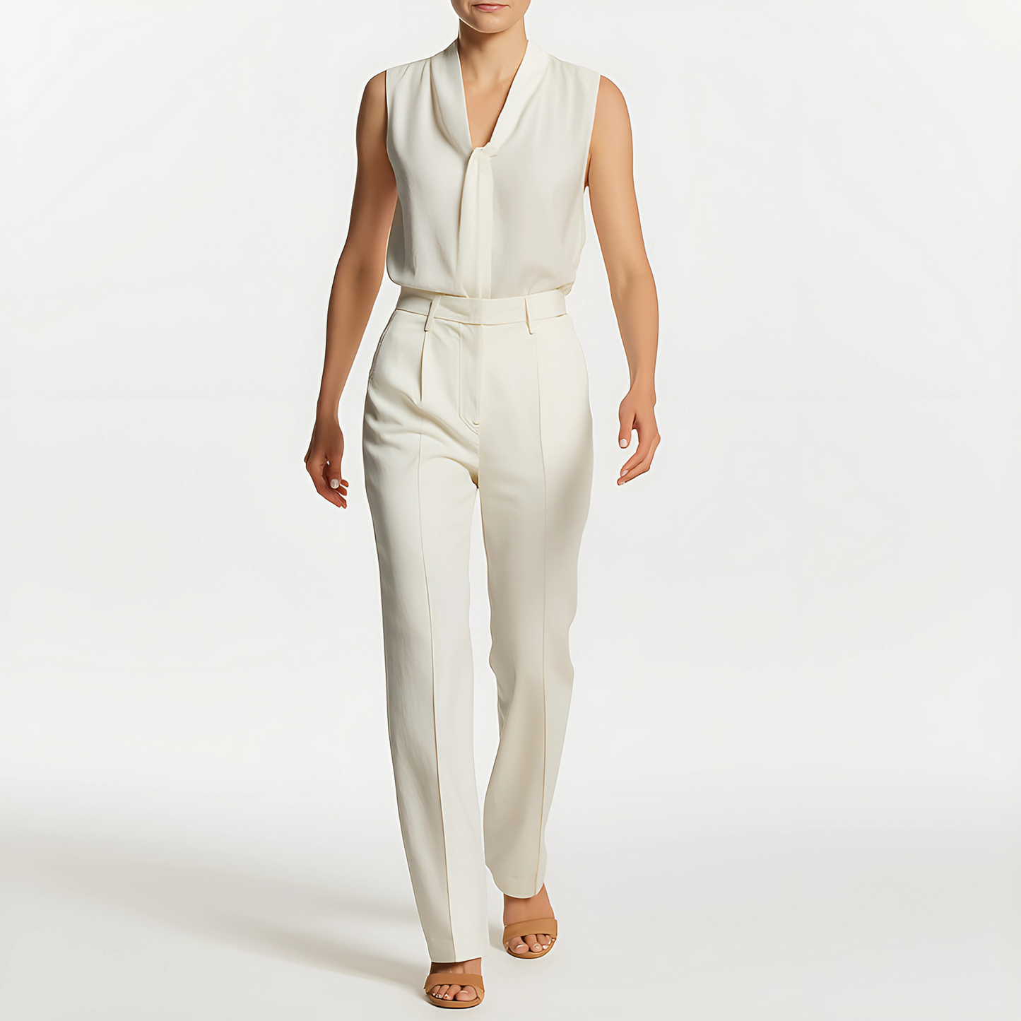 Model wearing The Marais Trouser in soft ivory, featuring a tailored straight-leg design, structured waistband, and front pleats.