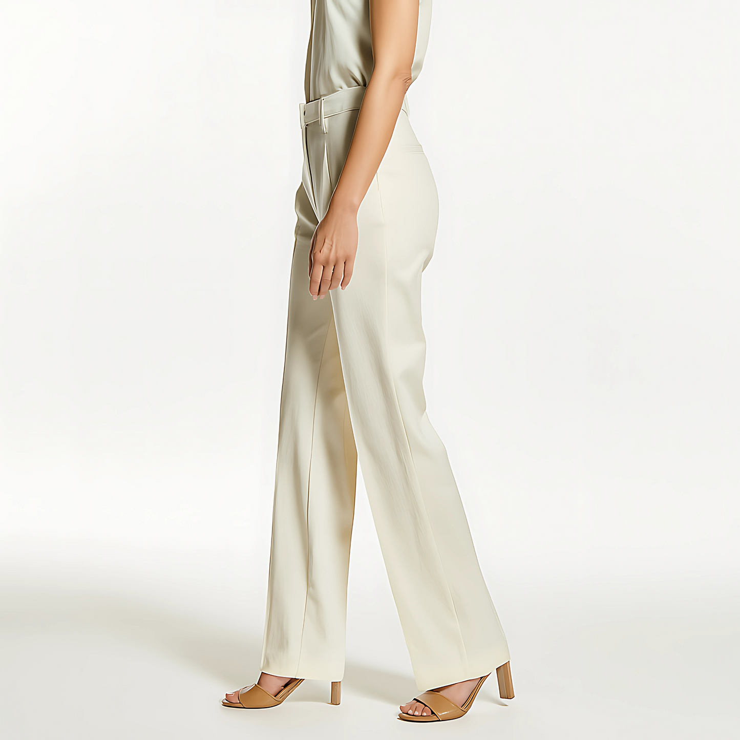 Side view of The Marais Trouser in Soft Ivory, showcasing straight-leg design with belt loops and a tailored fit, perfect for uniforms.
