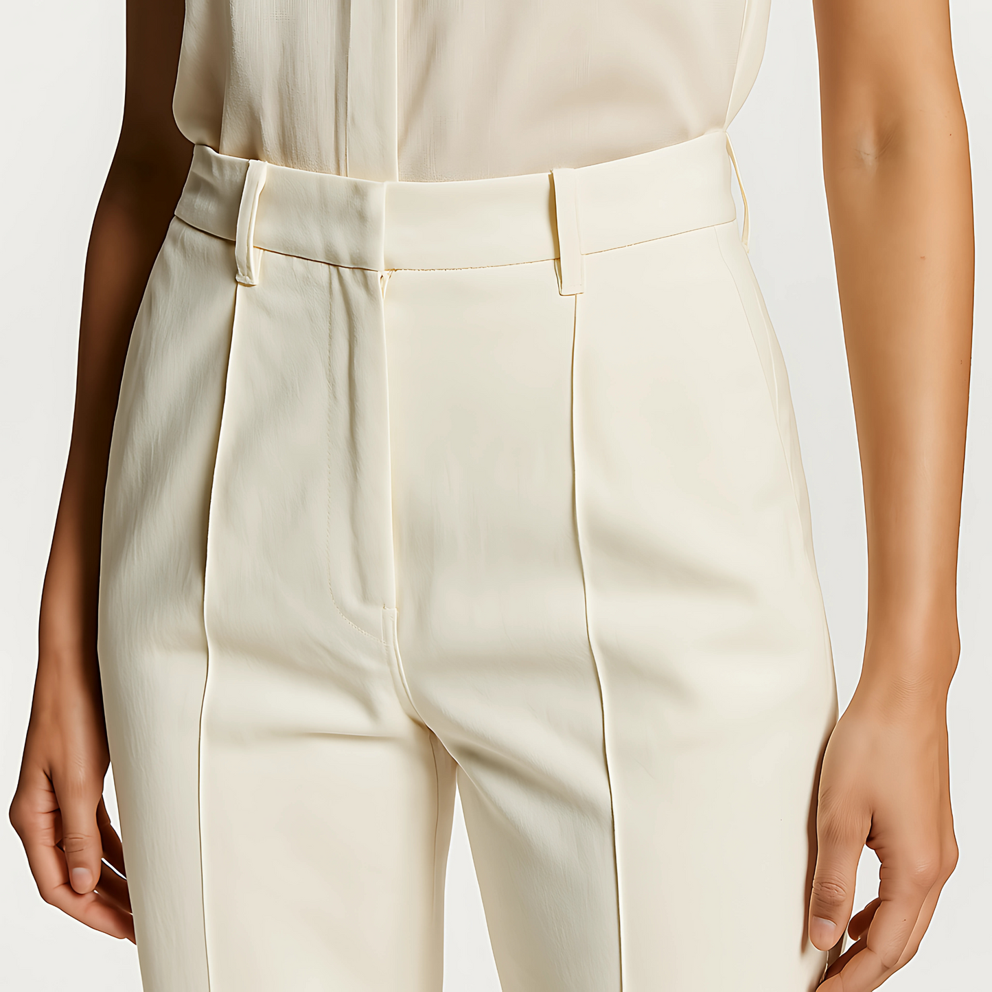 Close-up of Marais Trouser in soft ivory, showing tailored waistband, front pleats, and straight-leg cut, perfect for modern styling.