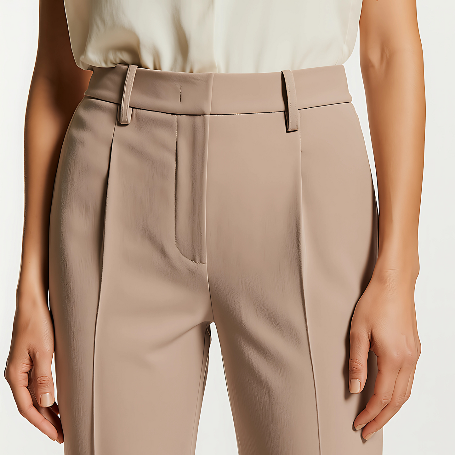 Close-up of The Marais Trouser in Warm Taupe, showcasing structured waistband, front pleats, and sleek design for modern minimalism.
