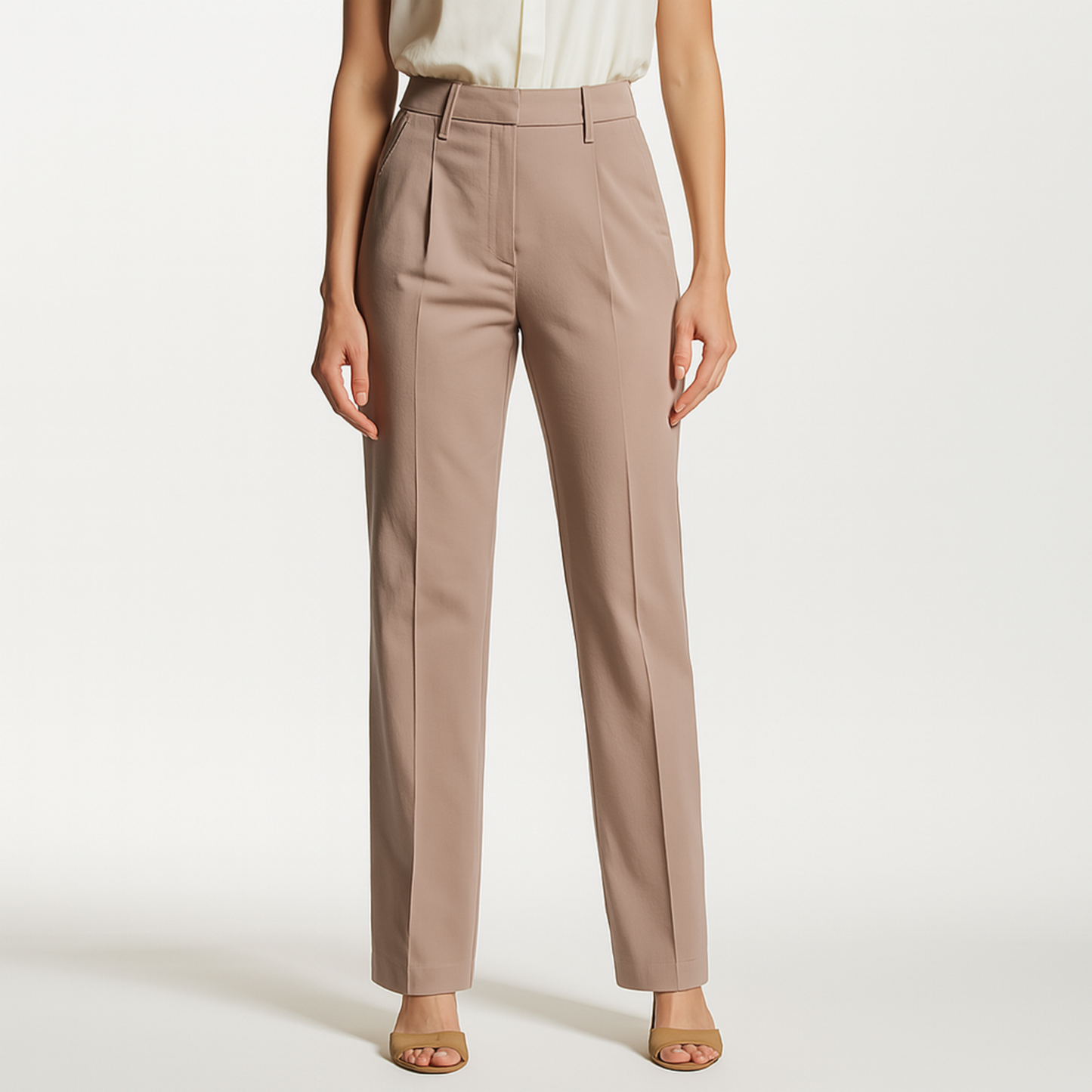 The Marais Trouser in Warm Taupe, tailored straight-leg design with structured waistband, ideal for modern minimalism and versatile wear.
