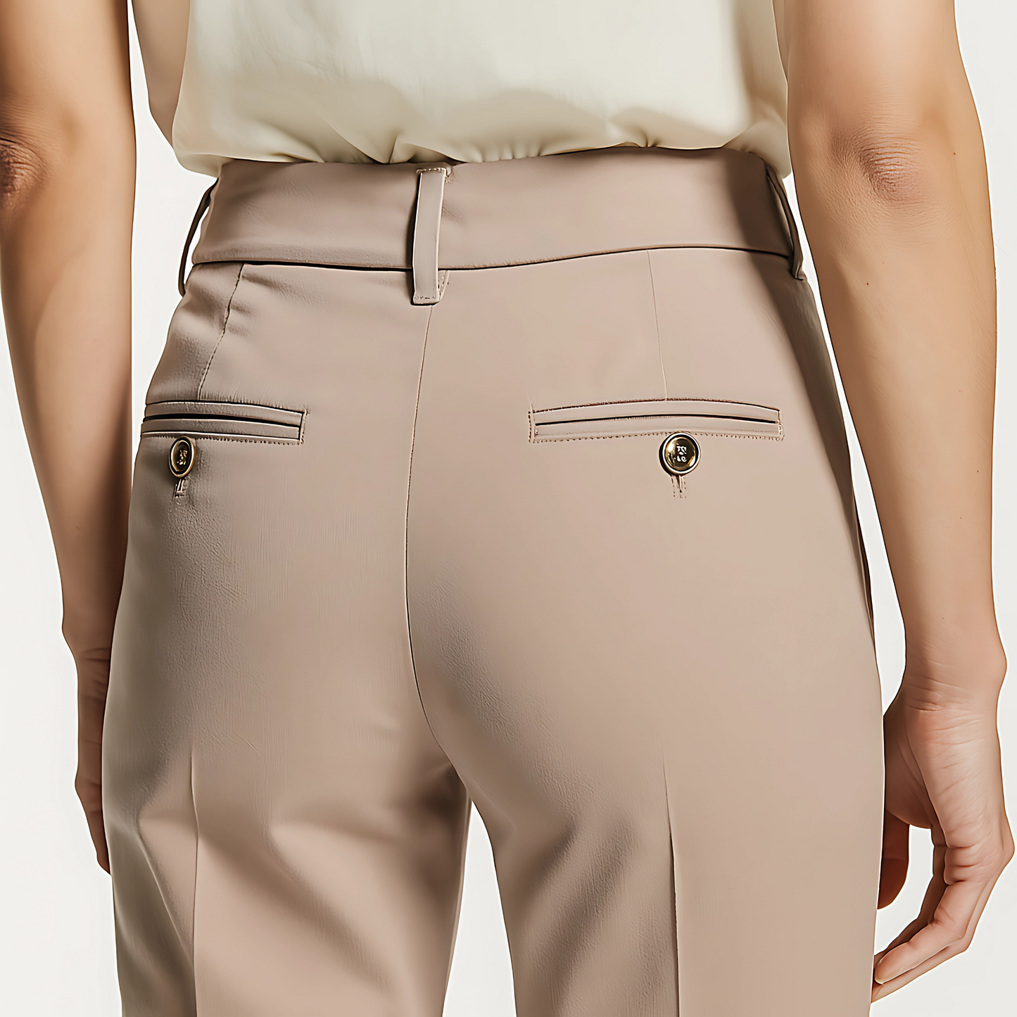 Back view of Marais Trouser in Warm Taupe, showcasing structured waistband and back welt pockets, designed for modern minimalism.