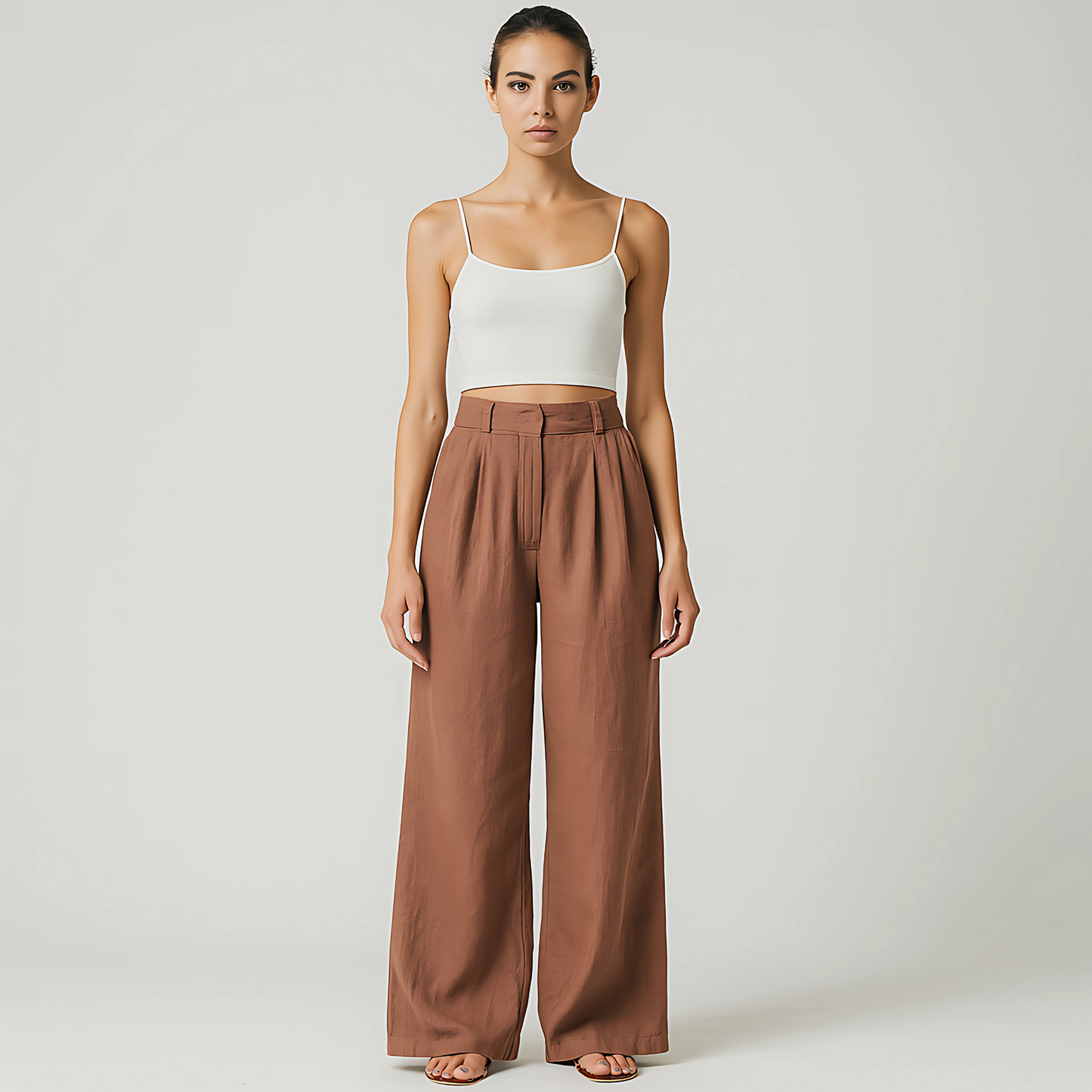 Wide-leg Solana Linen Trousers in terracotta, featuring a high-waisted fit and subtle front pleats, ideal for resort wear and travel.