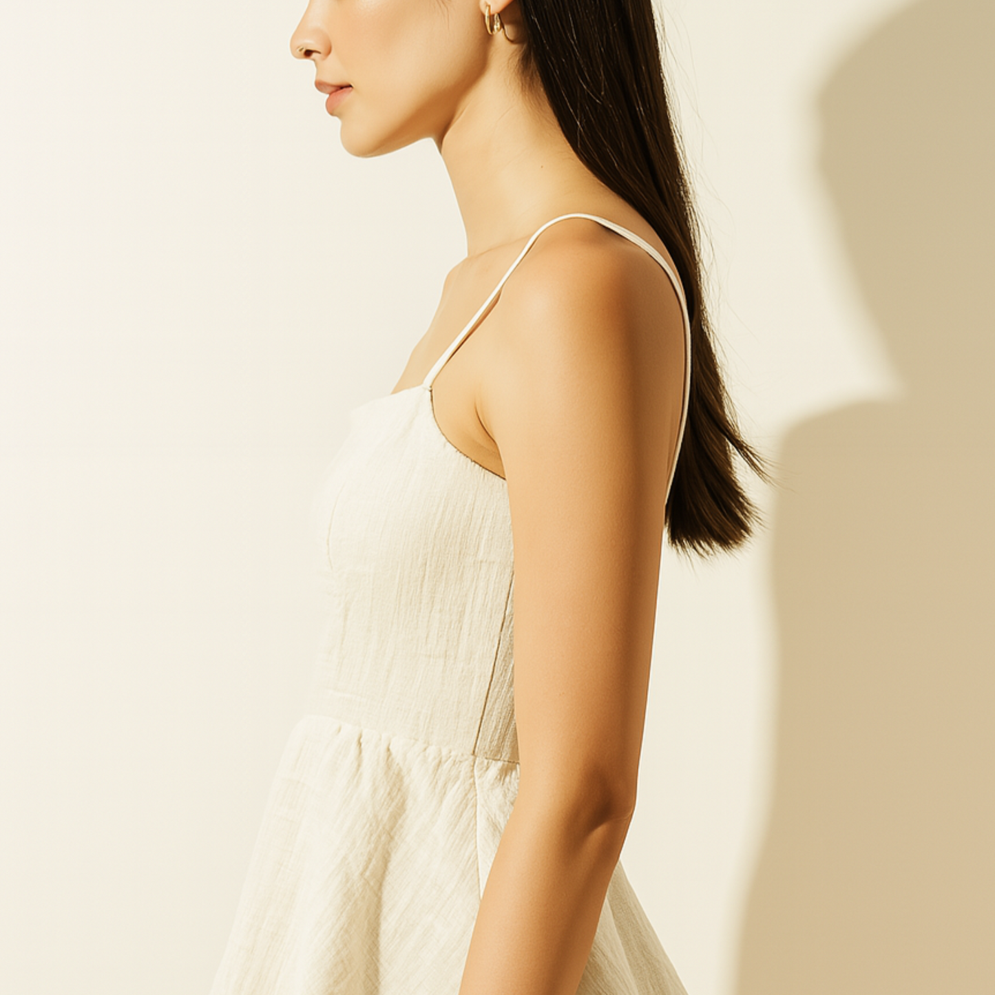 Ivory tie-back peplum top with fitted bodice, straight neckline, and flared hemline, ideal for resortwear or occasions.