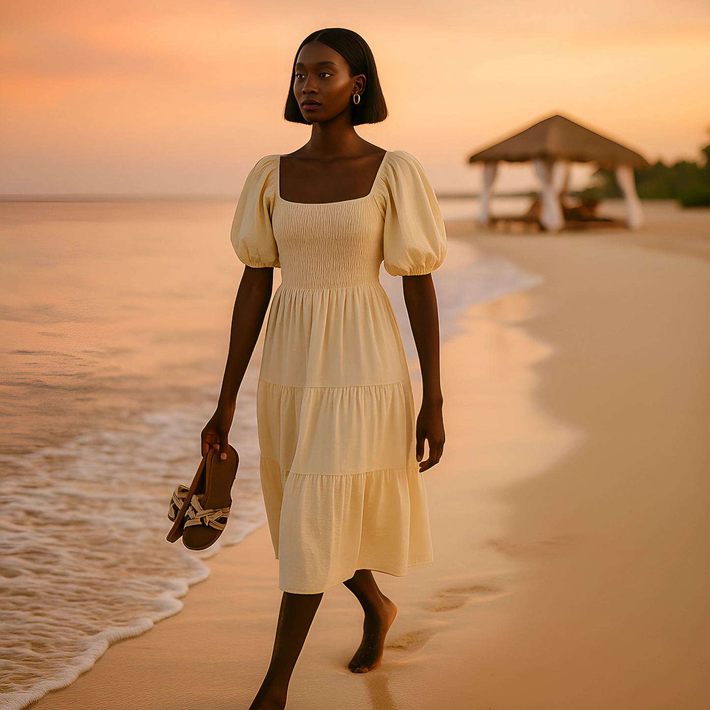 Woman wearing Zadie Puff-Sleeve Midi Dress in Soft Buttercream, walking on a beach at sunset, ideal for resort and occasion dressing.