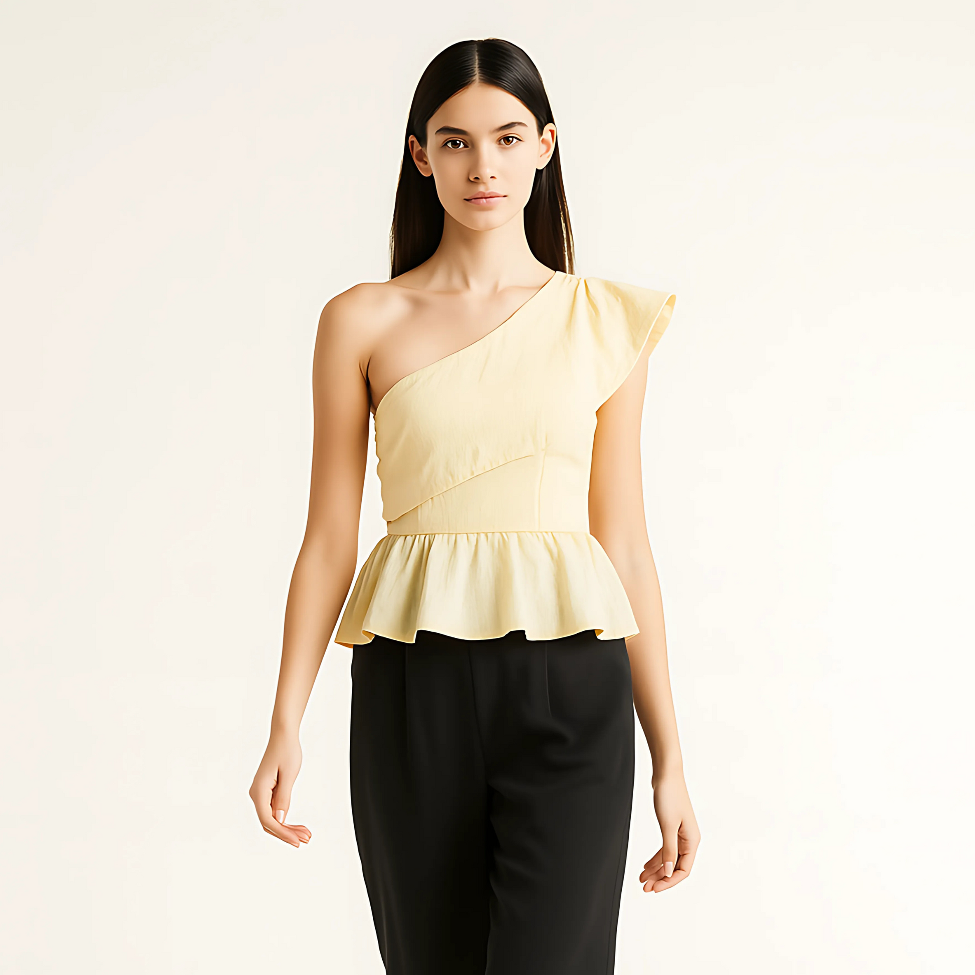 Woman wearing an asymmetric ruffle top with one shoulder design and peplum hem, ideal for eventwear and resort collections.