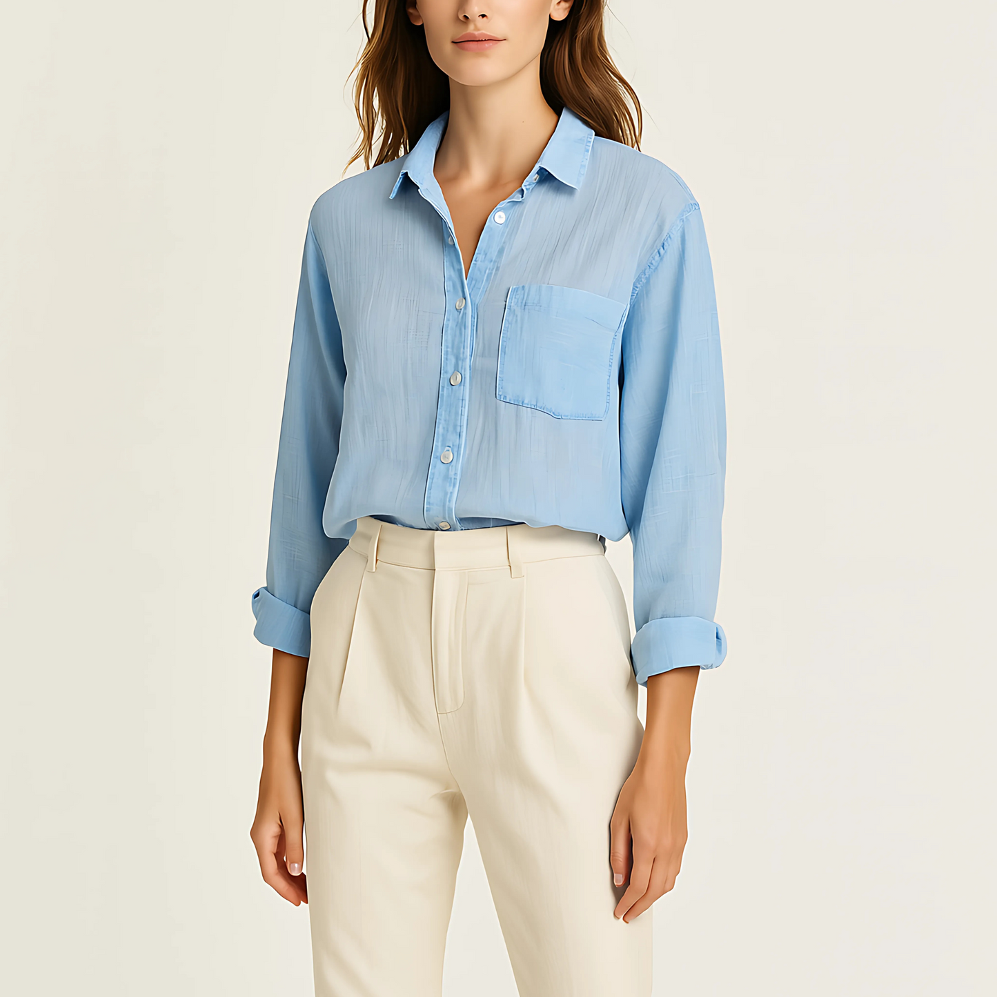 Azure Breeze Gauze Shirt in soft blue cotton, lightweight and semi-sheer, perfect for warm-weather layering and versatile summer wear.