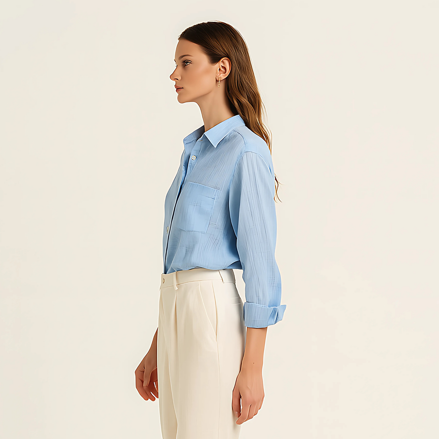 Azure Breeze Gauze Shirt in soft blue cotton, perfect for summer layering, shown on model in side profile with white pants.
