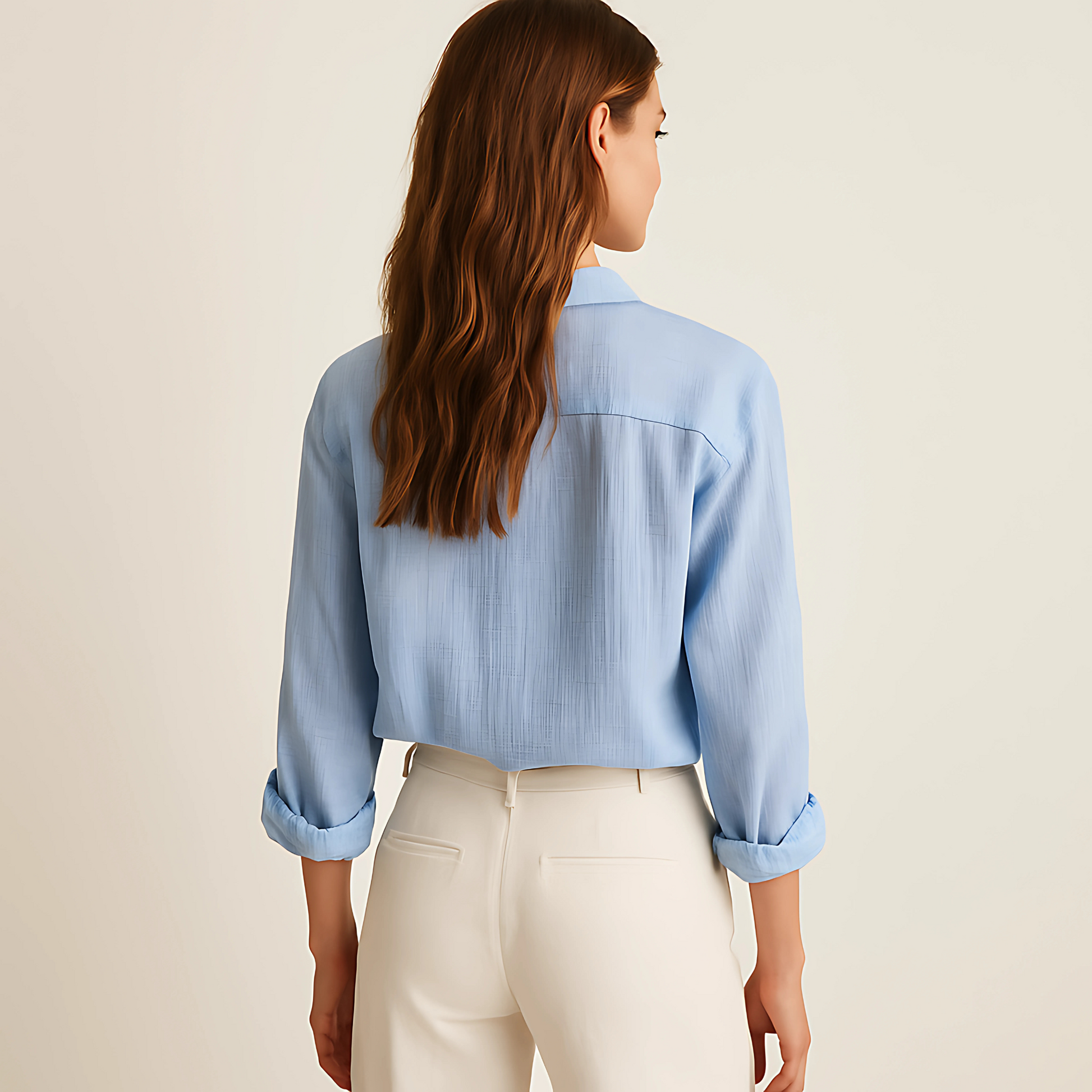 Back view of woman wearing Azure Breeze Gauze Shirt in soft blue cotton, showcasing lightweight and breathable fabric ideal for summer.
