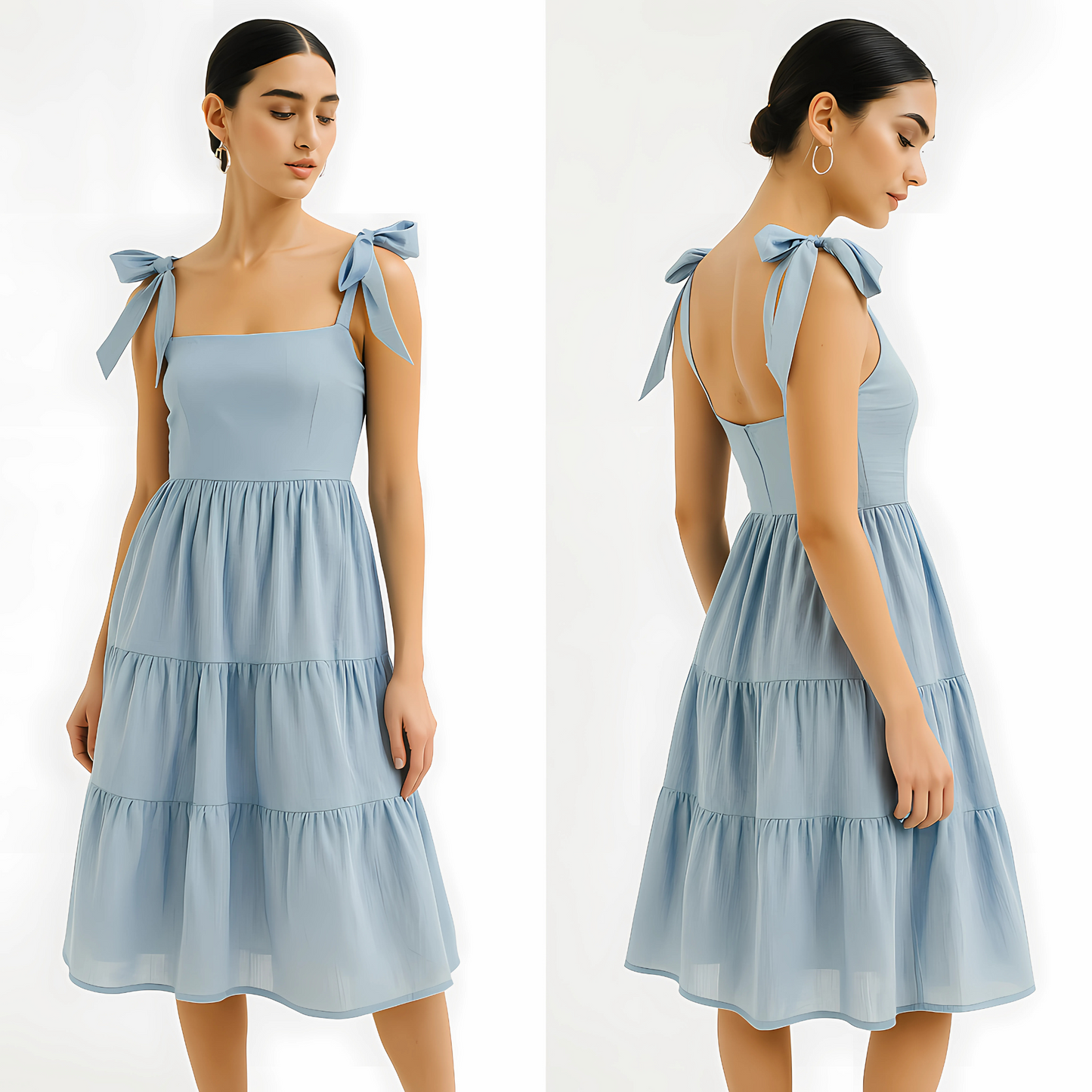 Clio Tiered Midi Dress in powder blue, featuring bow-tied straps and tiered skirts, perfect for occasions and resortwear.