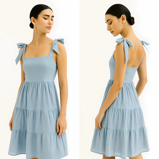 Powder blue Clio Tiered Midi Dress with square neckline, bow-tied shoulder straps, perfect for bridal parties and resortwear.