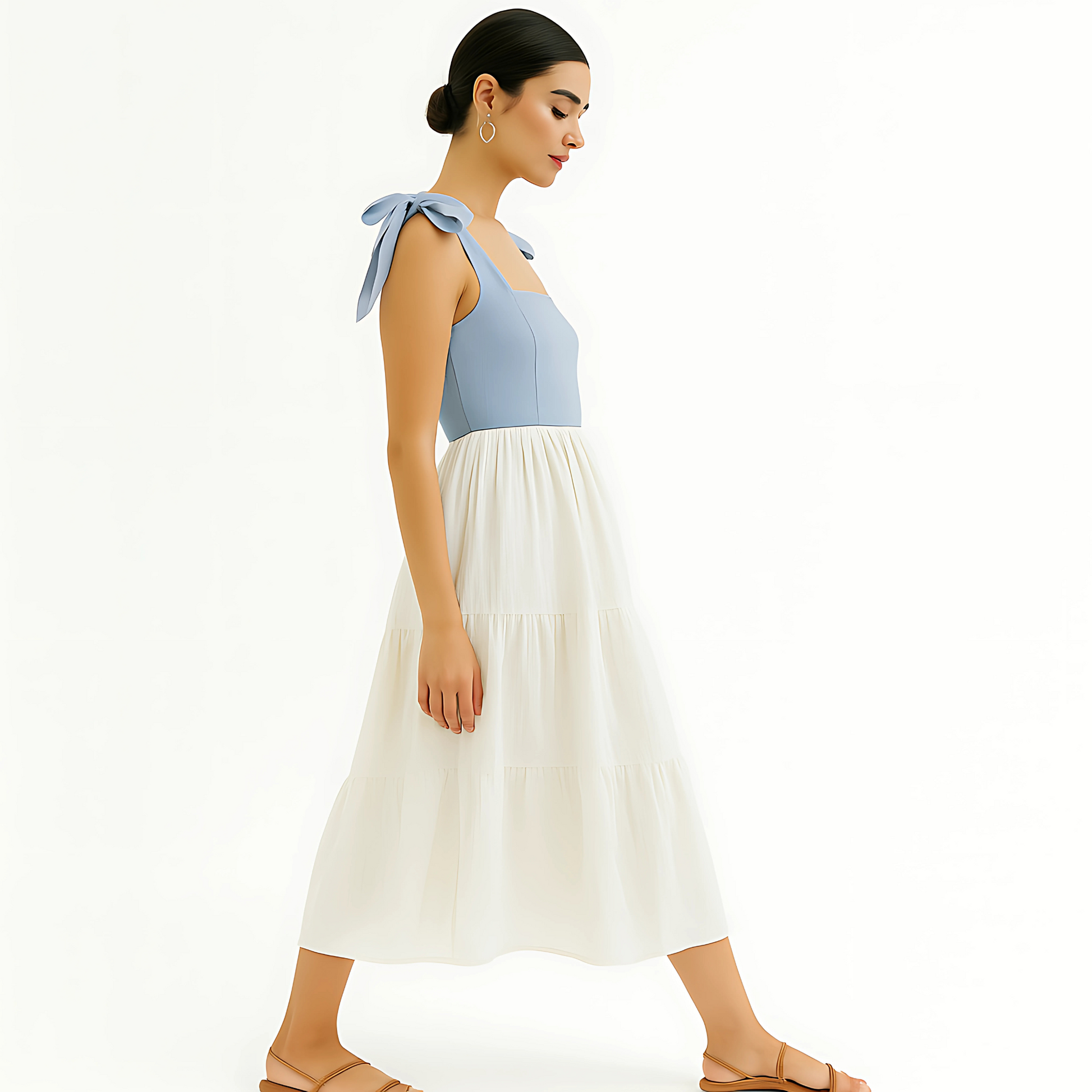 Clio Tiered Midi Dress with square neckline and bow-tied straps, in powder blue and white, perfect for resortwear and bridal parties.