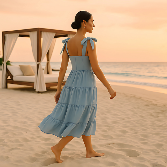 Woman wearing Clio Tiered Midi Dress with bow-tied straps and square neckline, walking on beach at sunset in soft powder blue.