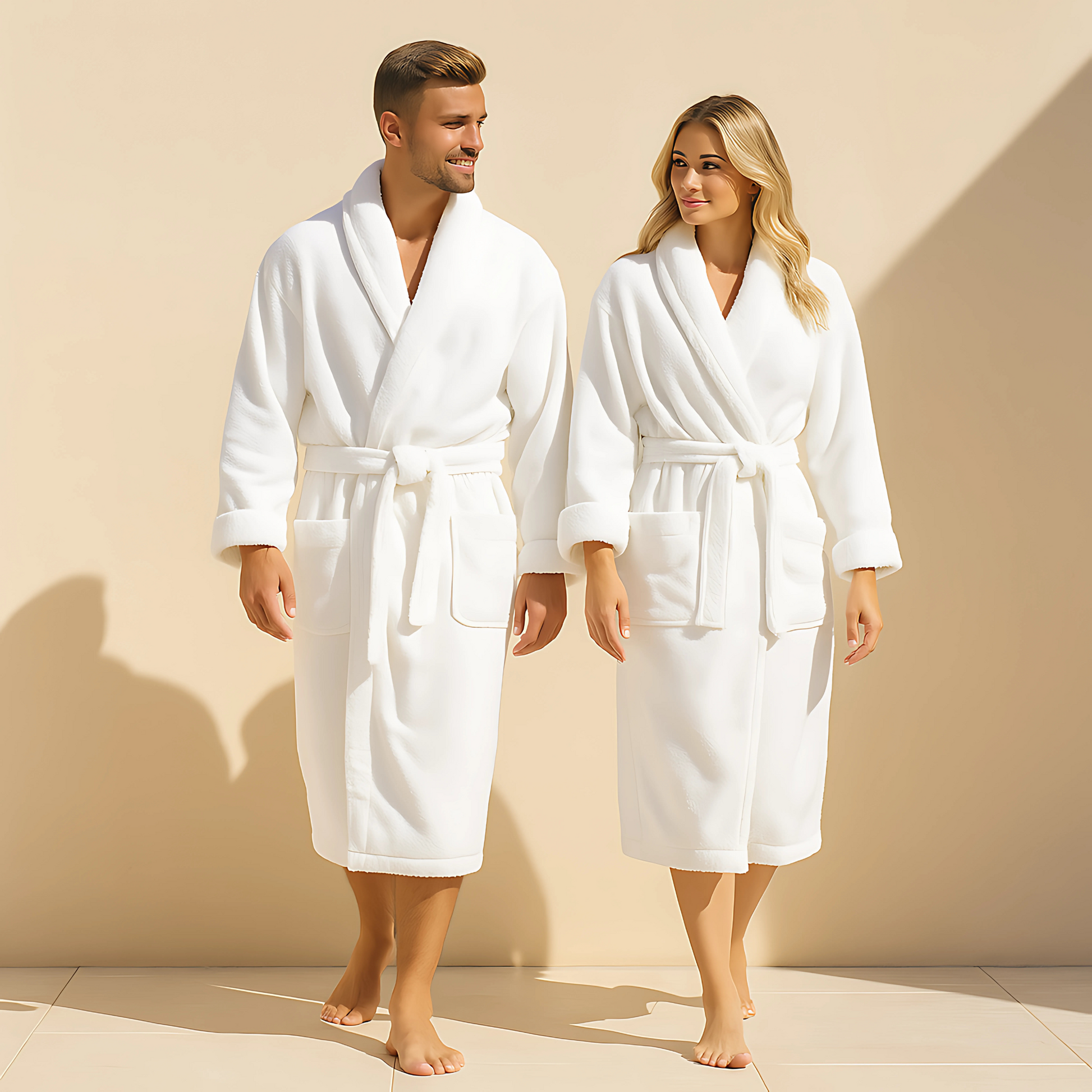 Two people in white Coastal Cloud Robes standing outdoors, showcasing luxury bathwear fashion.