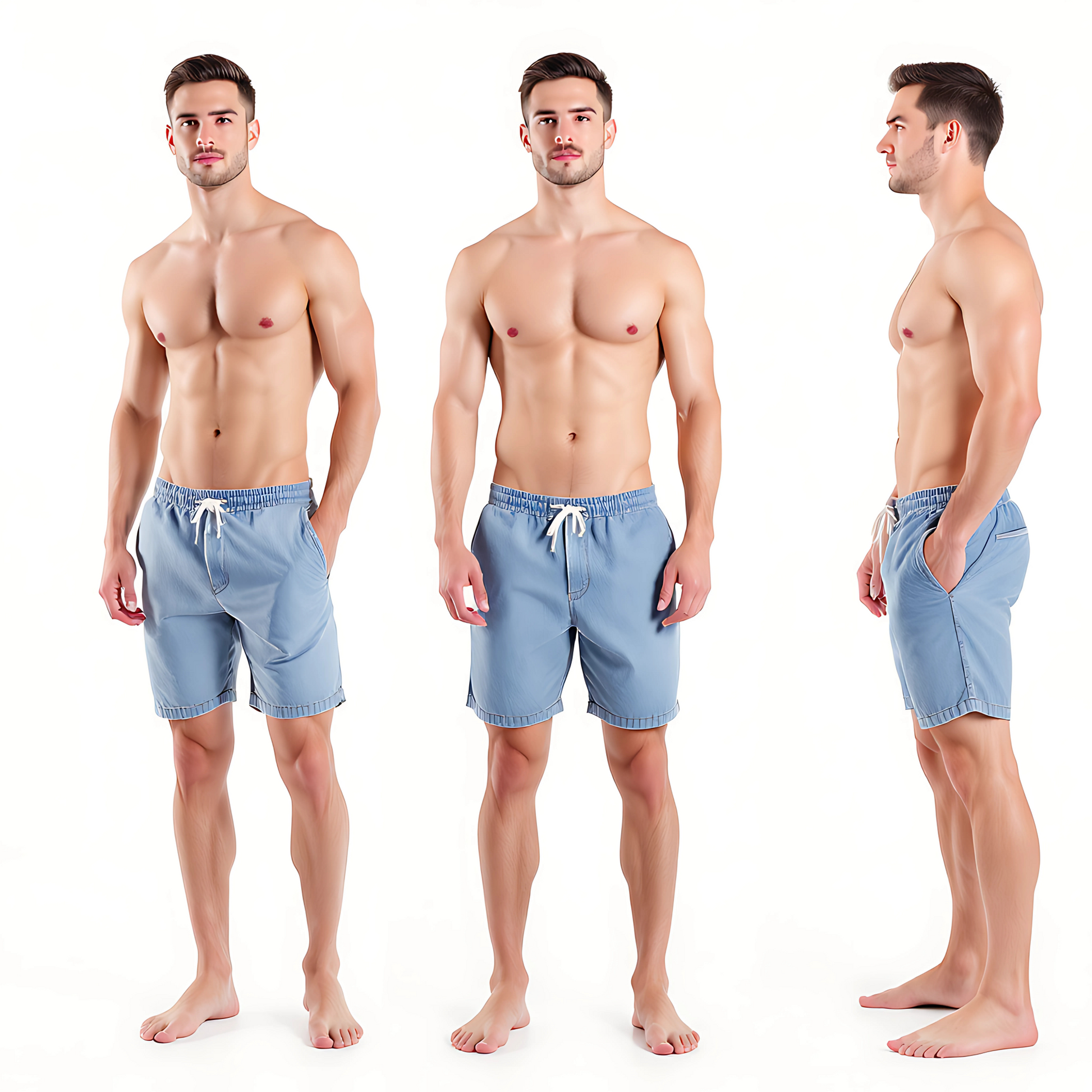 Three angles of men's swim shorts modeled by a male, showcasing front, side, and back views to highlight design and fit.