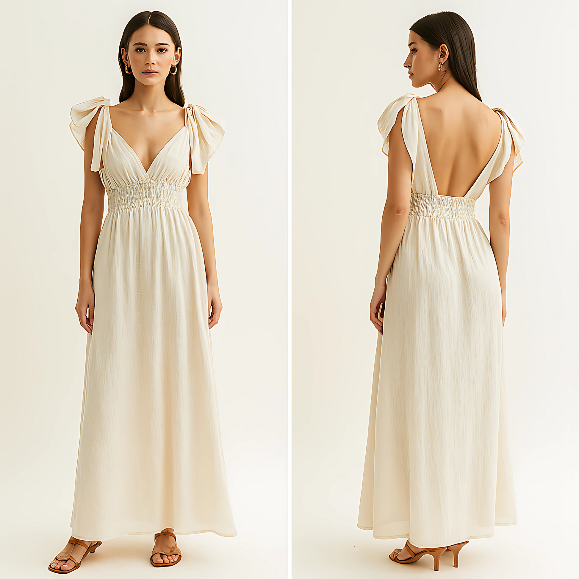 Delphine Ruffle Strap Maxi Dress in ivory with ruffle tie straps, smocked waistband, plunging neckline, and open back view.