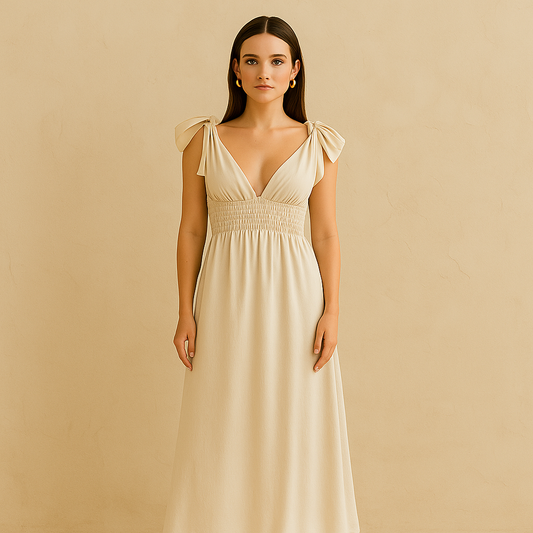 Ivory Delphine ruffle strap maxi dress with plunging neckline and smocked waistband, perfect for beach events and bridal settings.