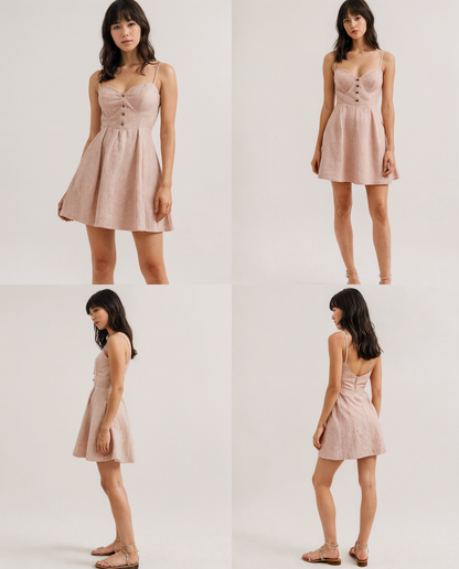 Blush Pink Ines Linen Corset Dress with sweetheart neckline and flared skirt, perfect for modern resortwear and warm-weather style.